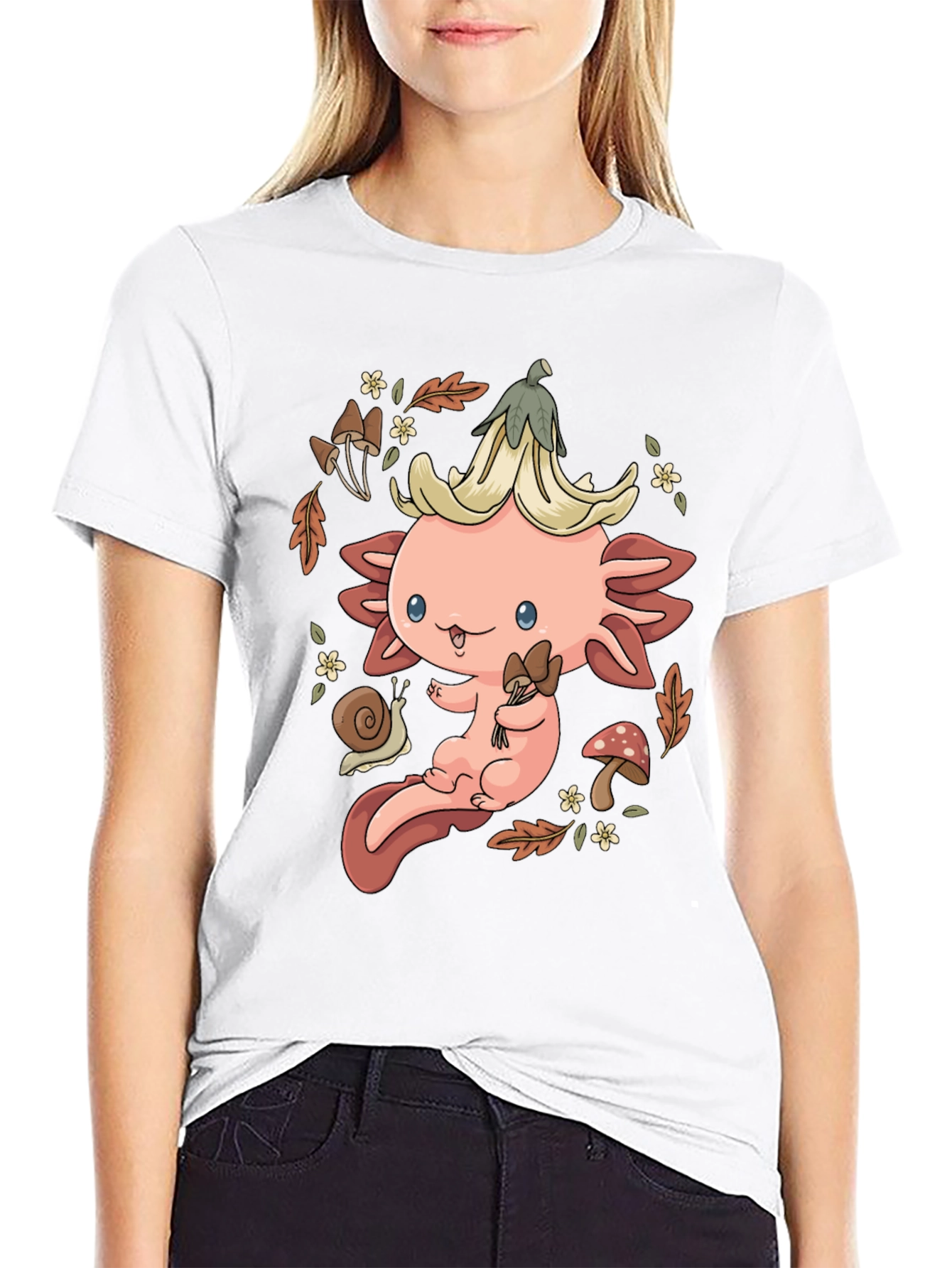 Black Cute Axolotl Mushroom T-Shirt - Whimsical Nature Design view 9