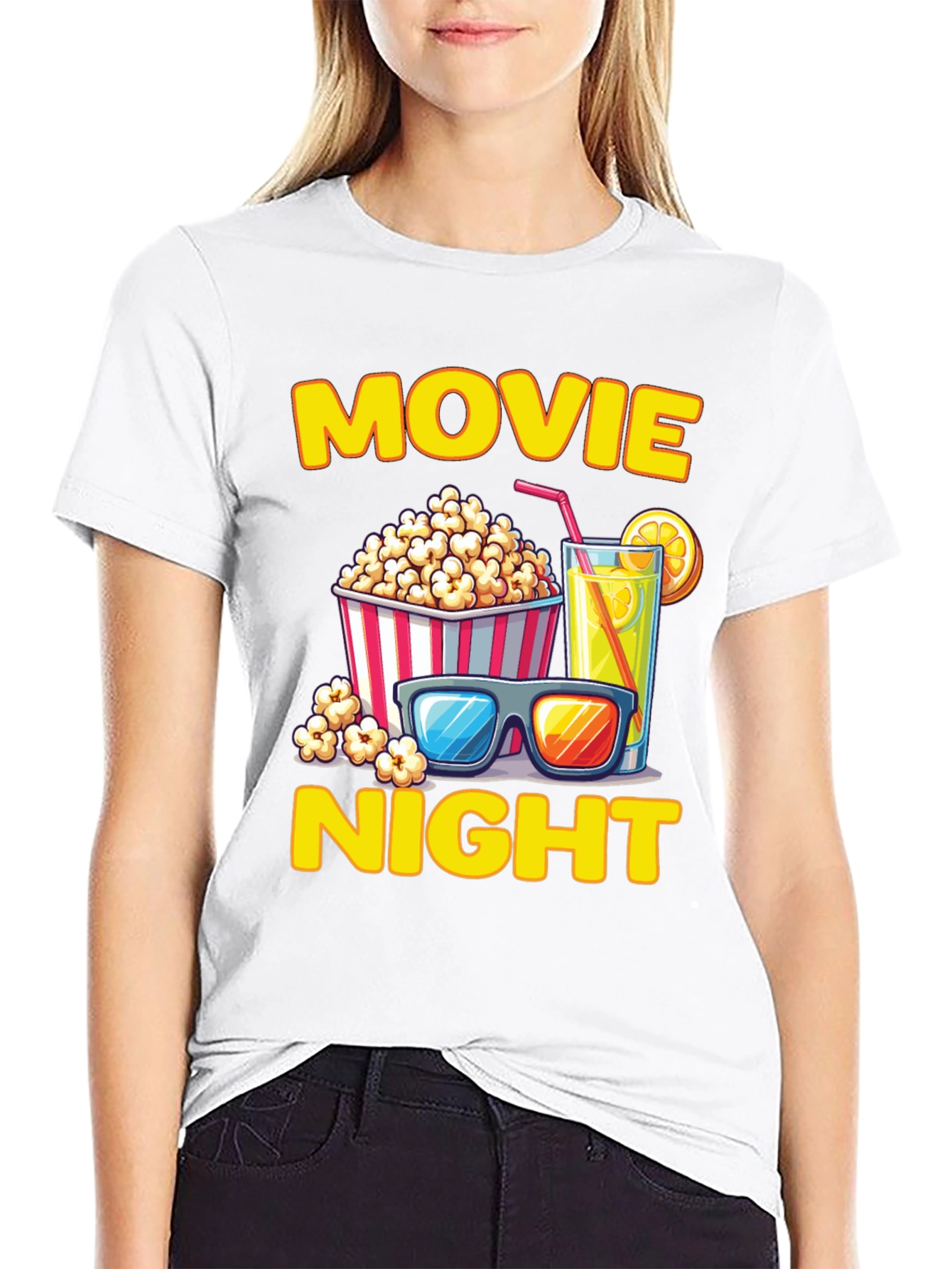 Black Movie Night T-Shirt - Popcorn, Drink, and Glasses view 9