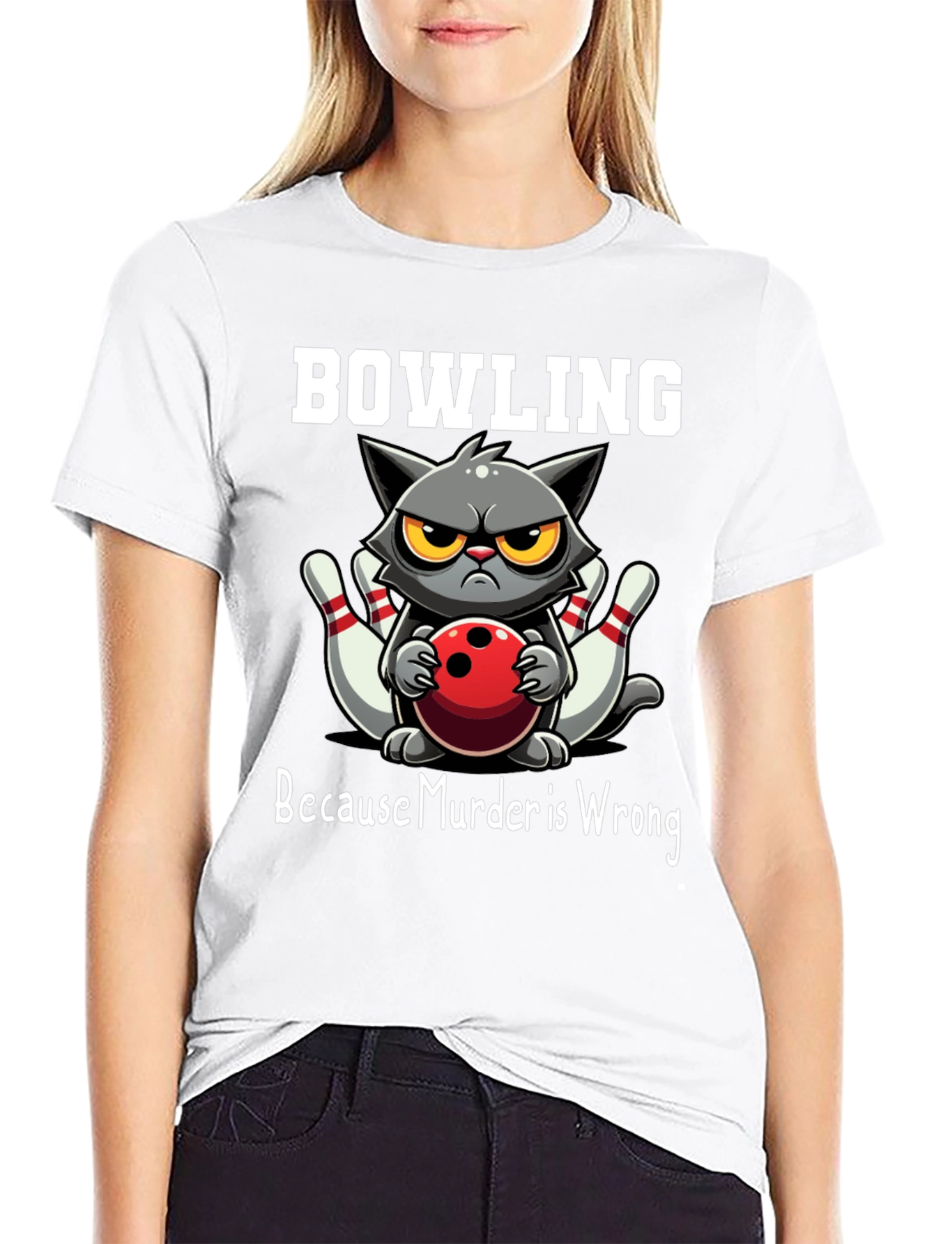 Black Bowling Cat T-Shirt - Because Murder is Wrong view 9
