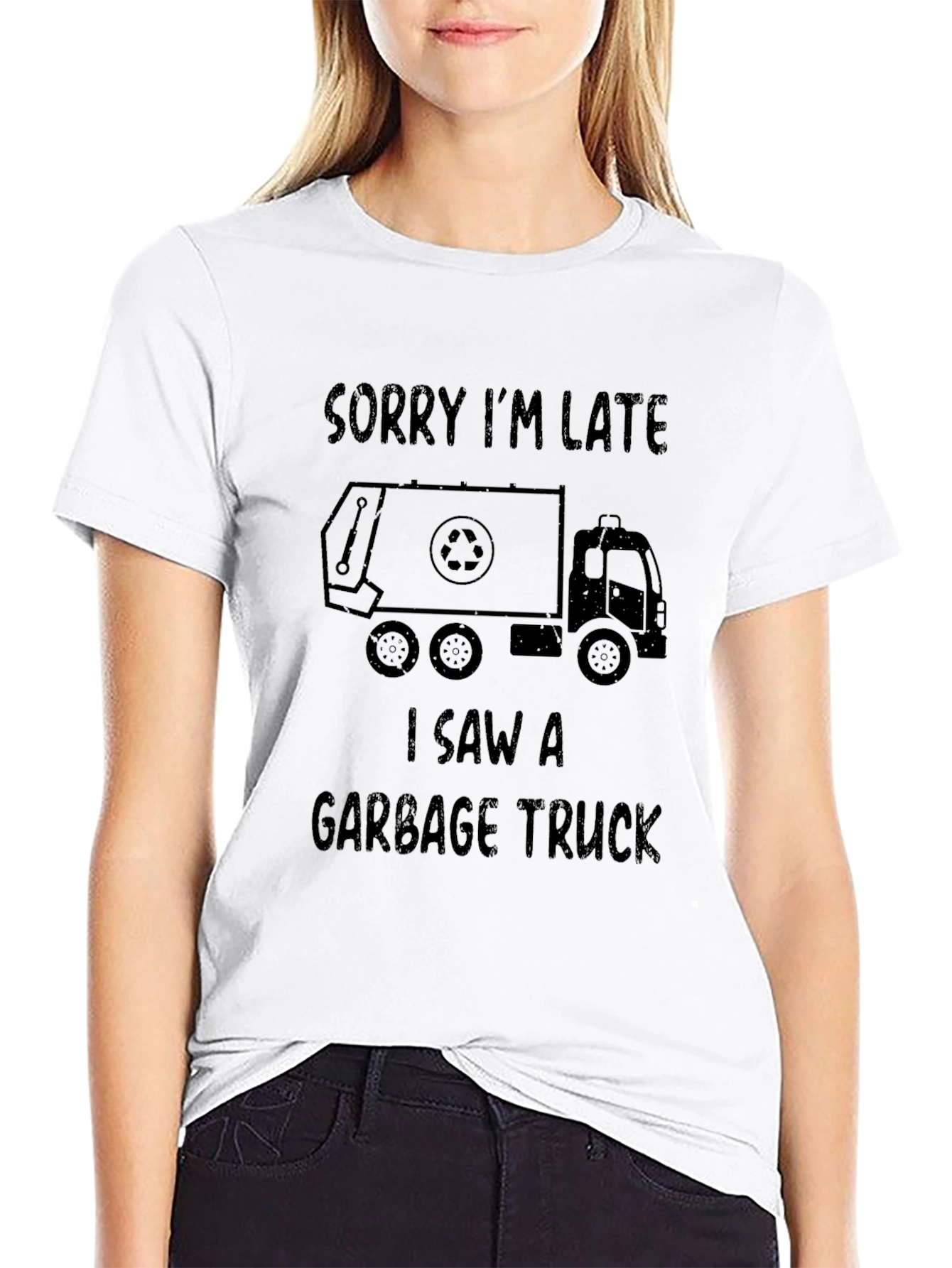 Black Sorry I'm Late Garbage Truck T-Shirt view 9