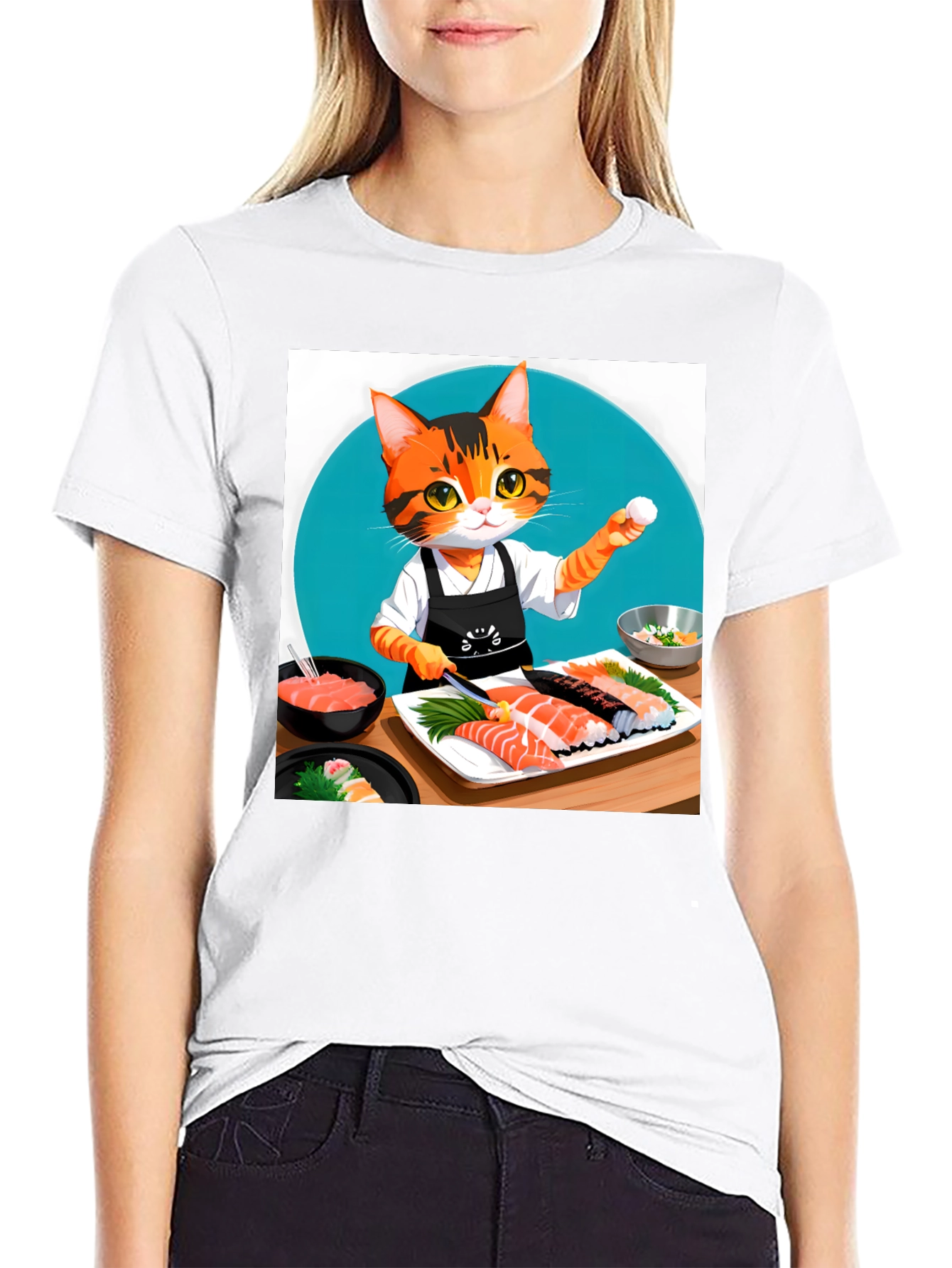 Black Sushi Cat T-Shirt - Chef Kitten Design view 9