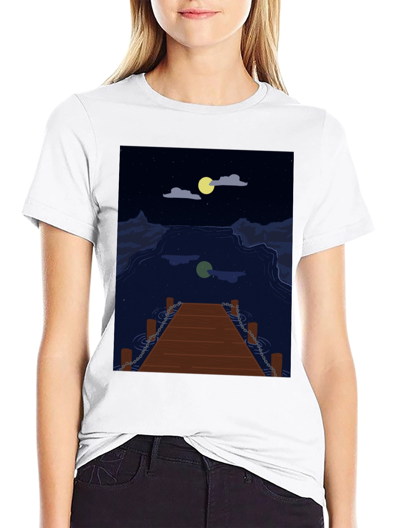 Black Night Lake Dock Graphic Tee view 9