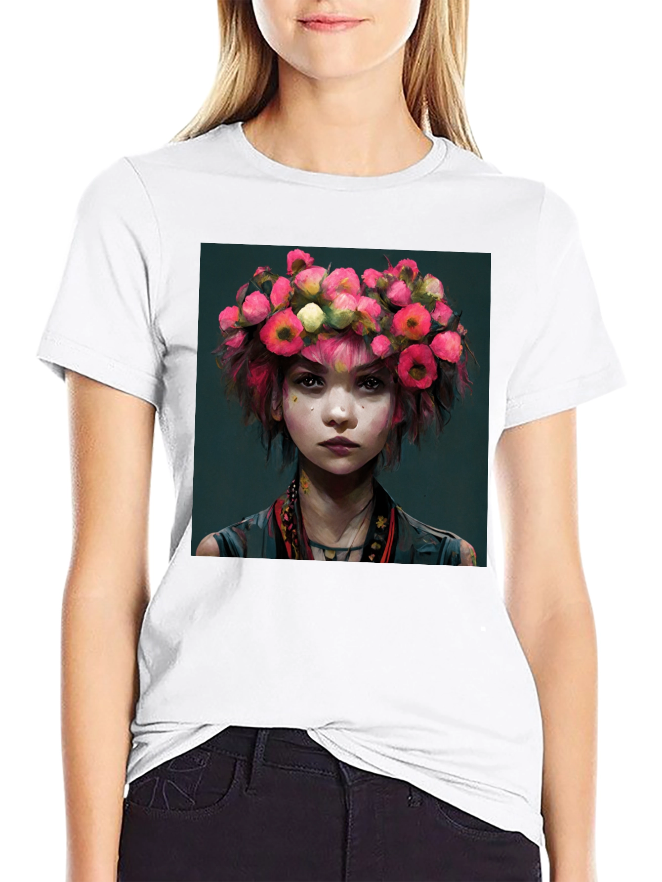 Black Floral Crown Girl Portrait T-Shirt view 9