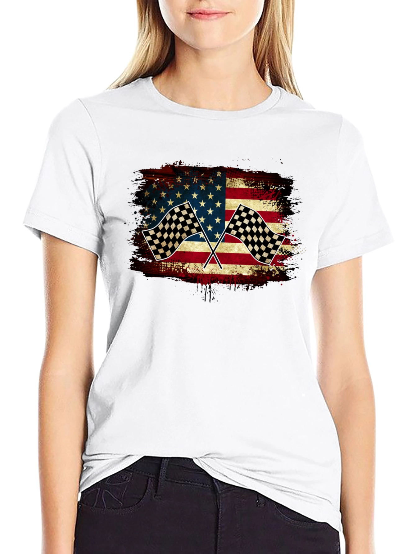 Black American Flag Race Car T-Shirt view 9