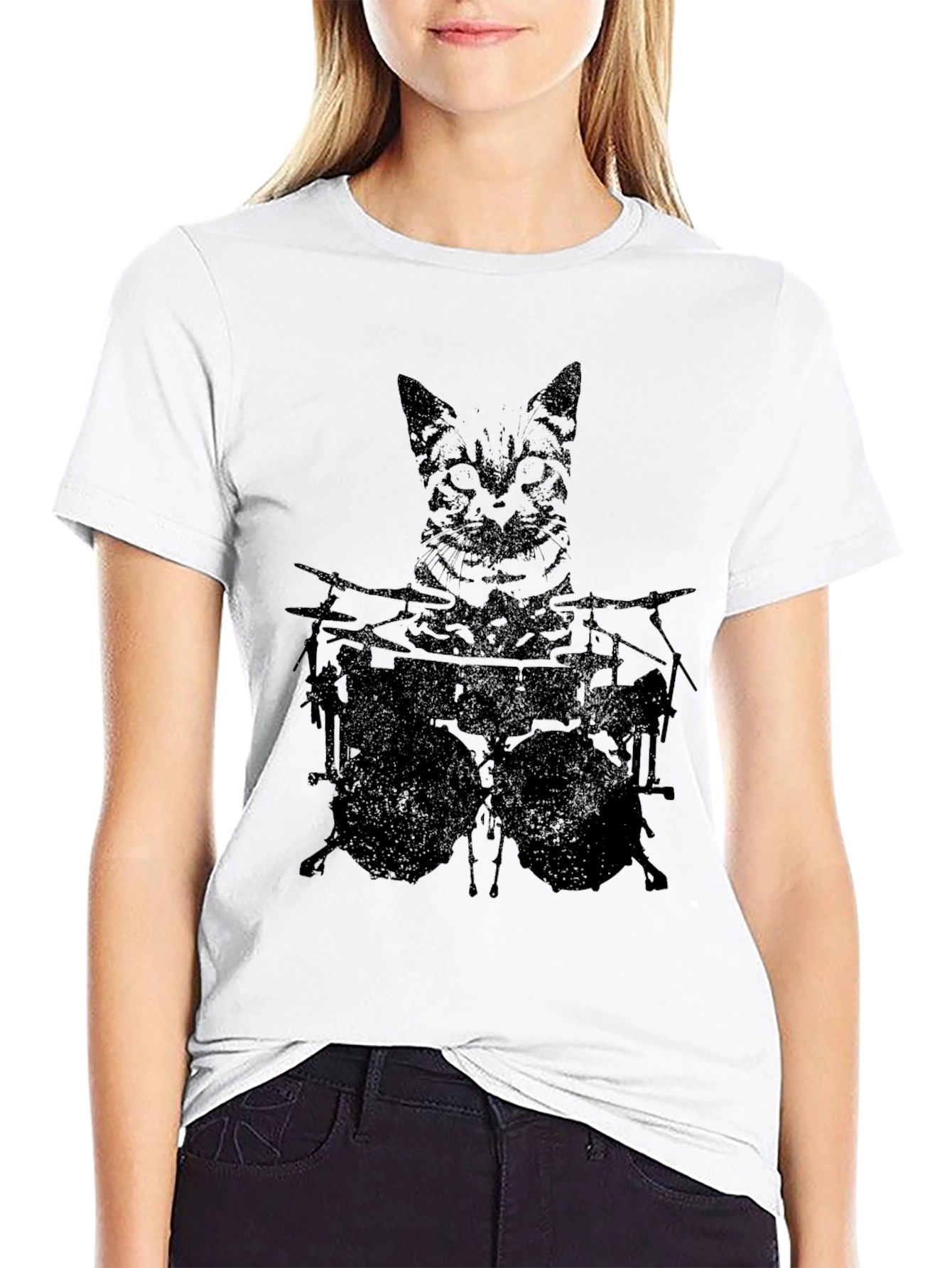 Black Cat Drummer Graphic Tee - Black Cotton T-Shirt view 9