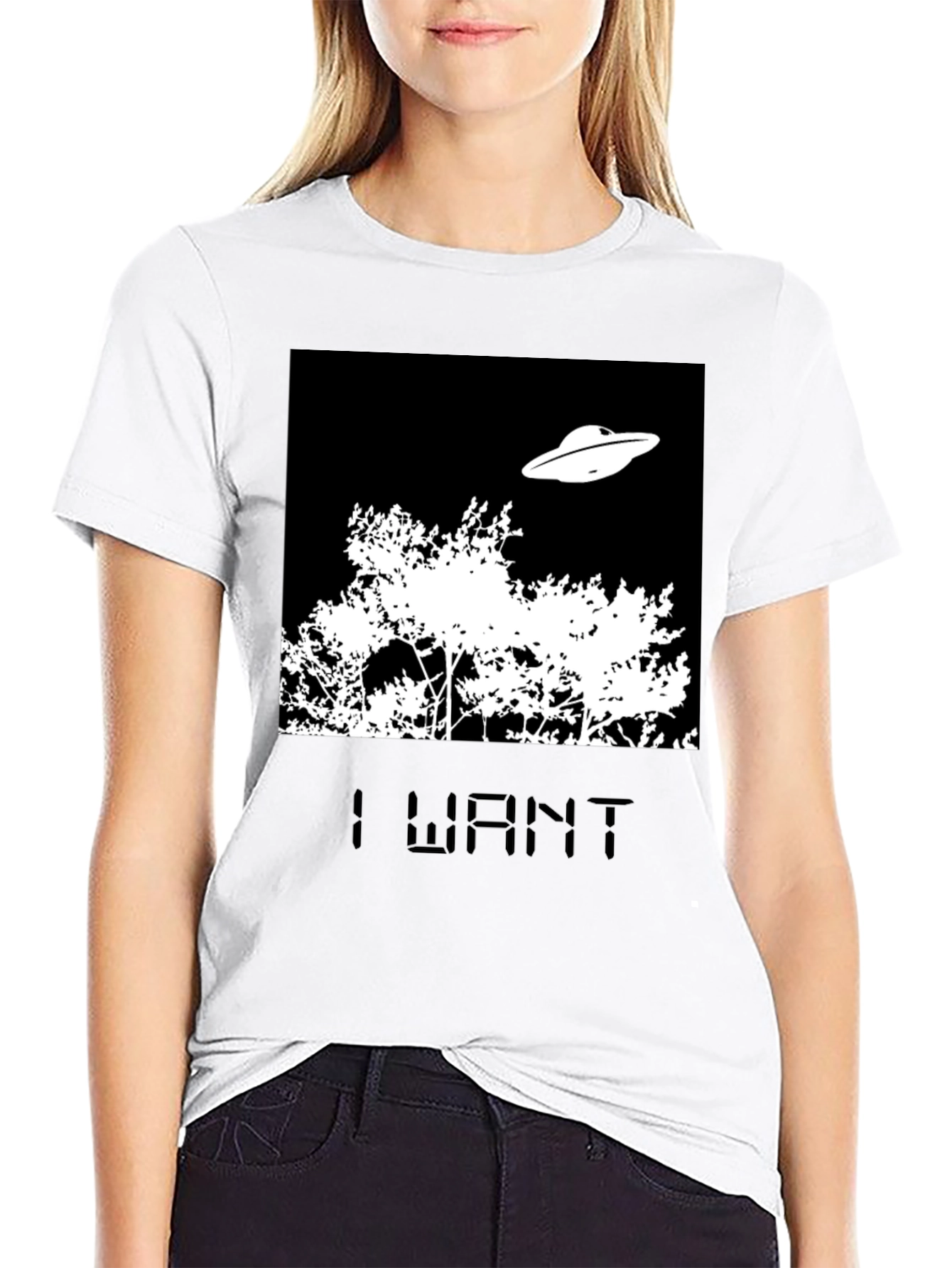 Black I Want T-Shirt UFO Tee Black Novelty  view 9