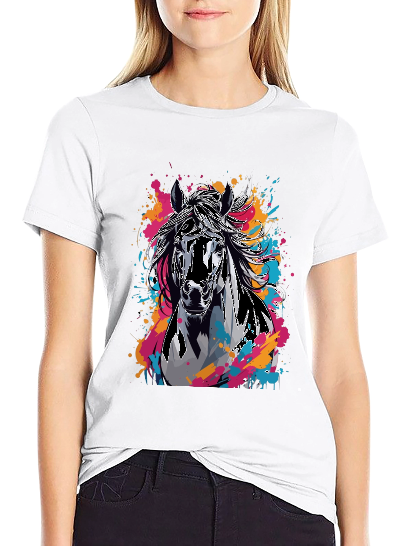 Black Horse Graphic T-Shirt - Colorful Animal Print Tee view 9