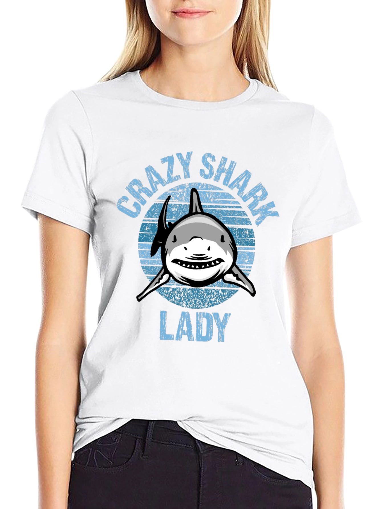 Black Crazy Shark Lady Graphic T-Shirt - Black view 9
