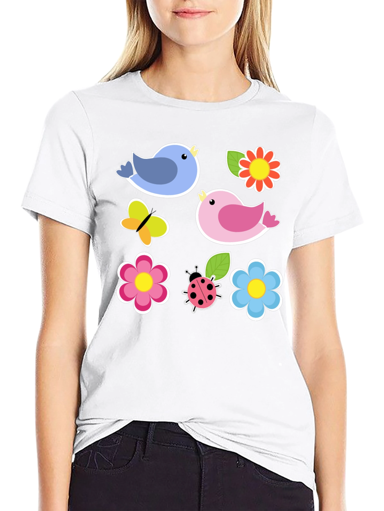 Black Cute Spring Bird & Floral Graphic Black T-Shirt view 9