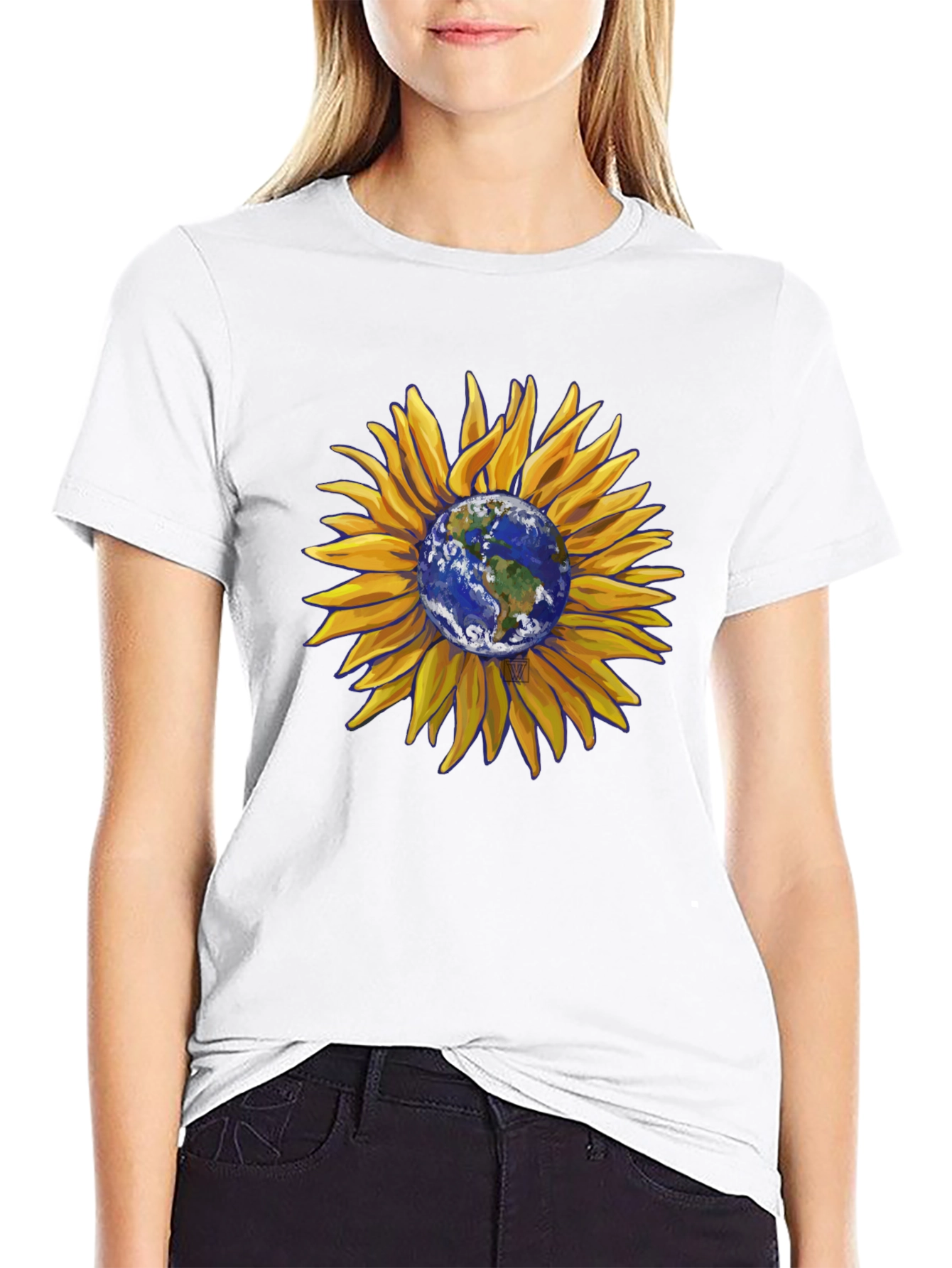 Black Sunflower Earth Graphic T-Shirt - Black Cotton Blend view 9
