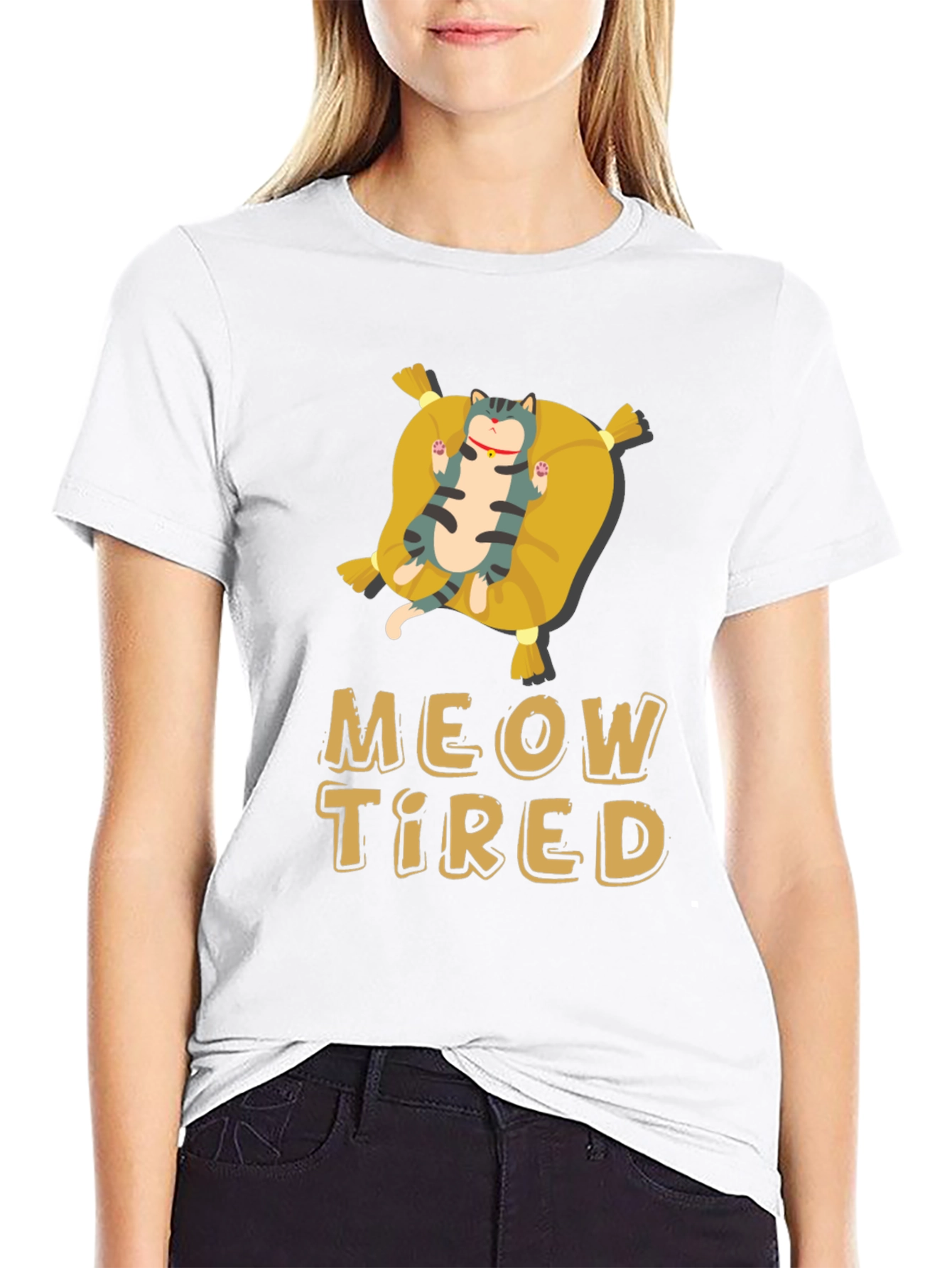Black Meow Tired Cat Pillow T-Shirt - Relaxed Fit view 9