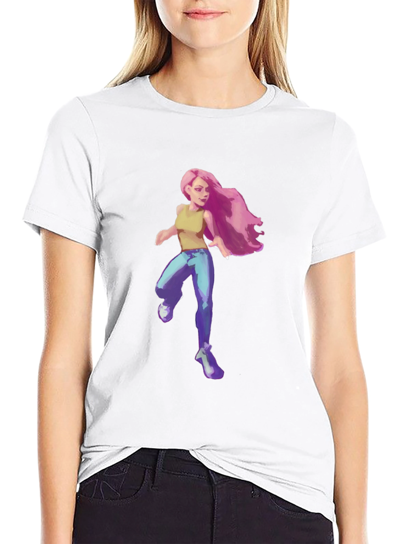 Black Pink-Haired Girl Graphic Tee - Black Cotton Blend T-Shirt view 9