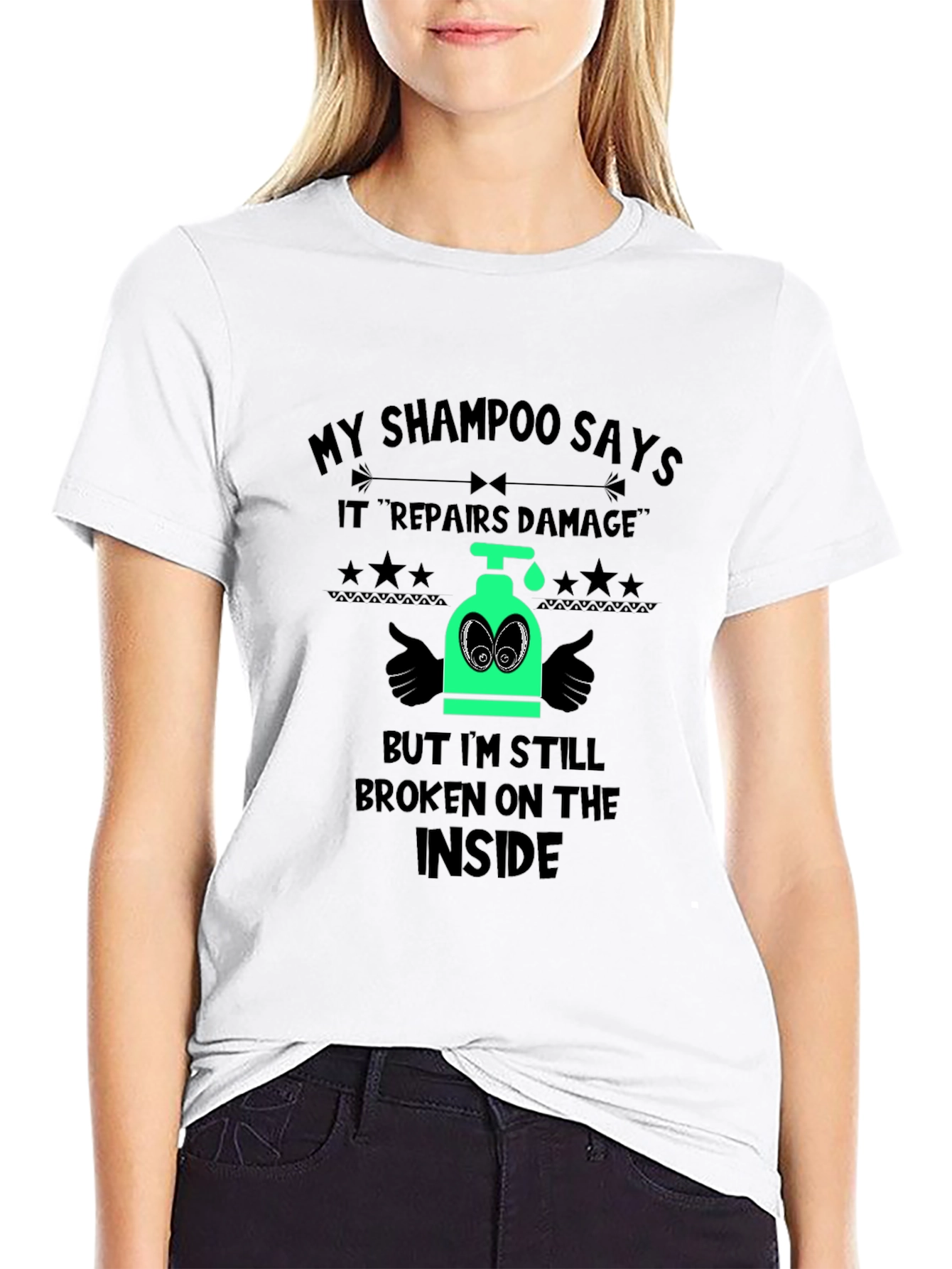 Black Humorous "Broken Inside" Shampoo T-Shirt view 9