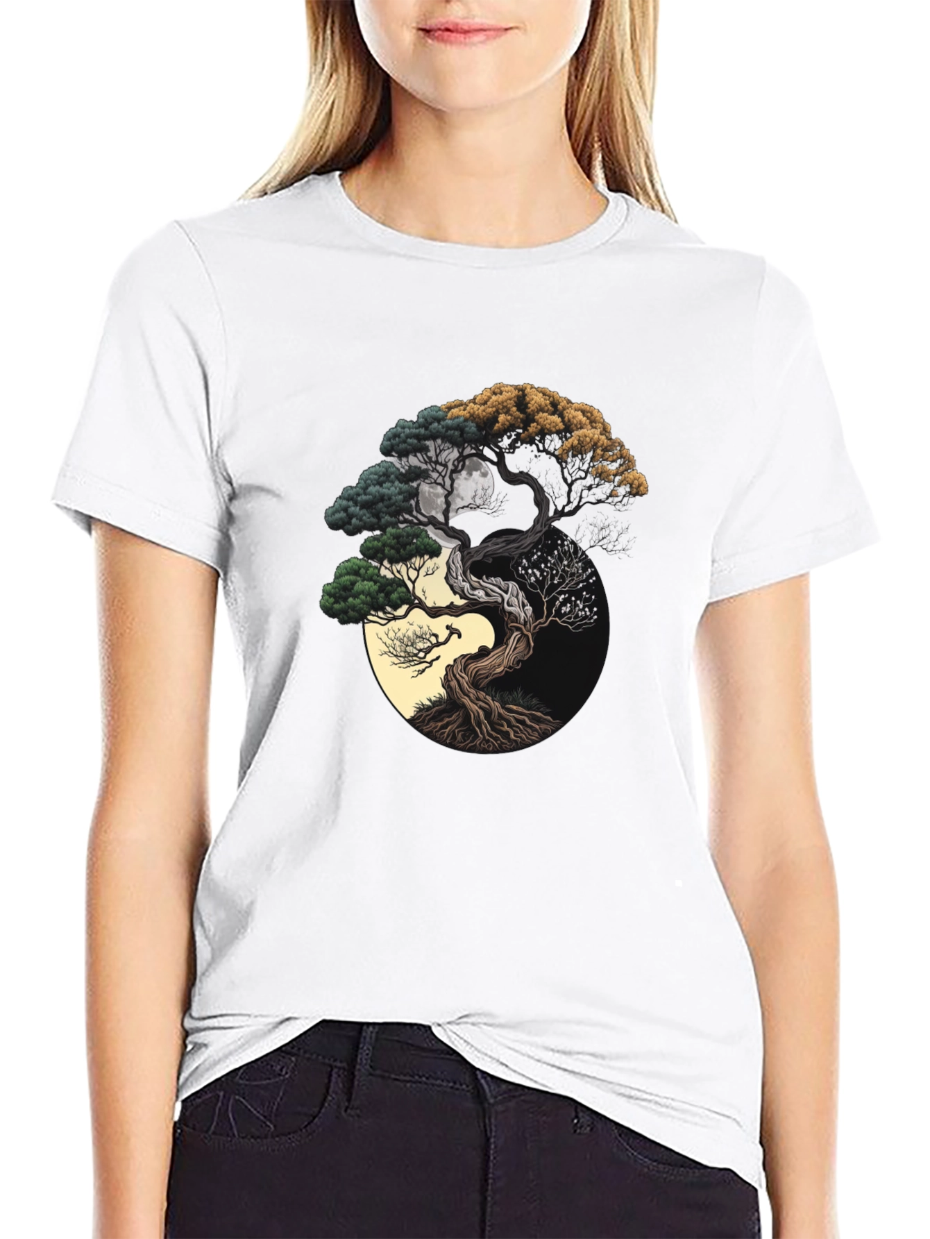 Black Yin Yang Bonsai Tree Graphic Tee - Unisex Black T-Shirt view 9