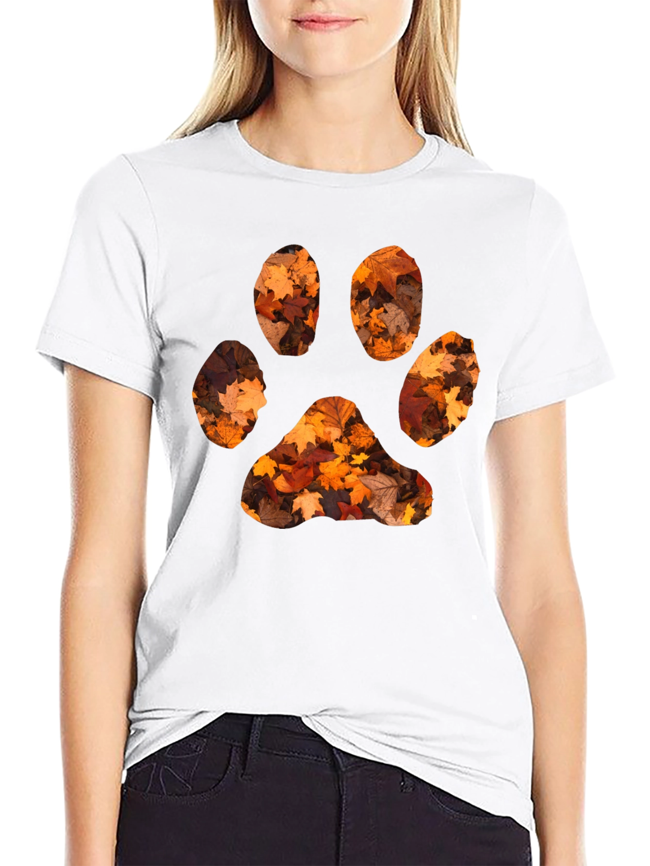 Black Fall Leaves Paw Print Black T-Shirt view 9