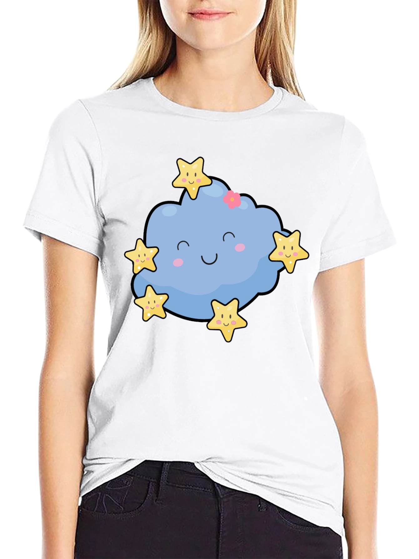 Black Cute Cloud & Stars Graphic Black T-Shirt view 9