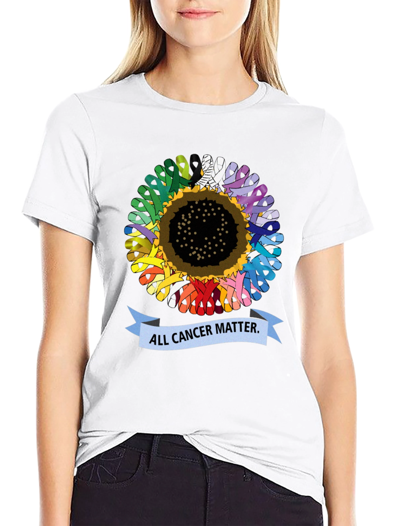 Black All Cancer Matter T-Shirt - Sunflower Ribbon Design view 9