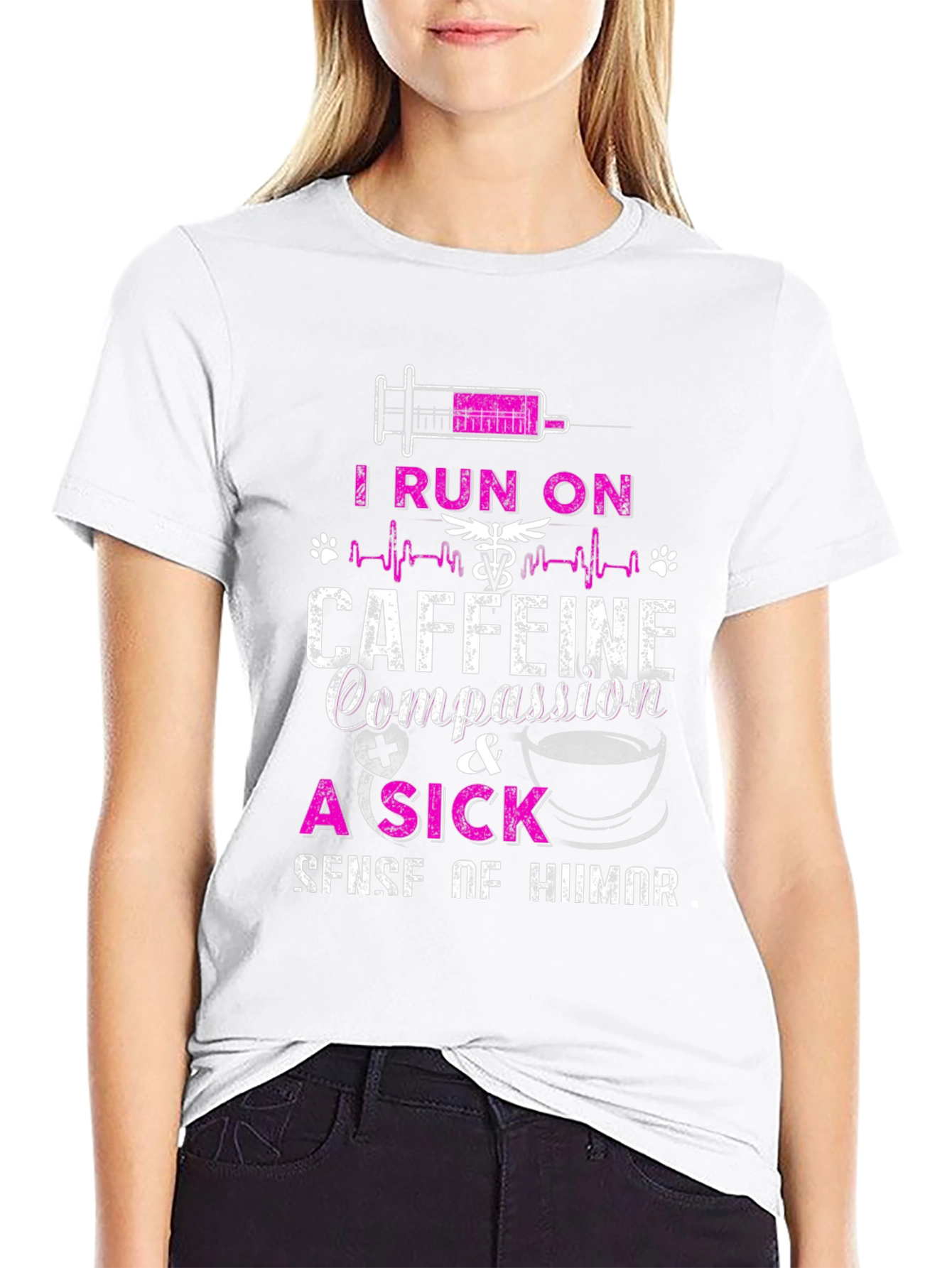 Black Funny Nurse/Vet Tech T-Shirt - I Run on Caffeine & Compassion view 9