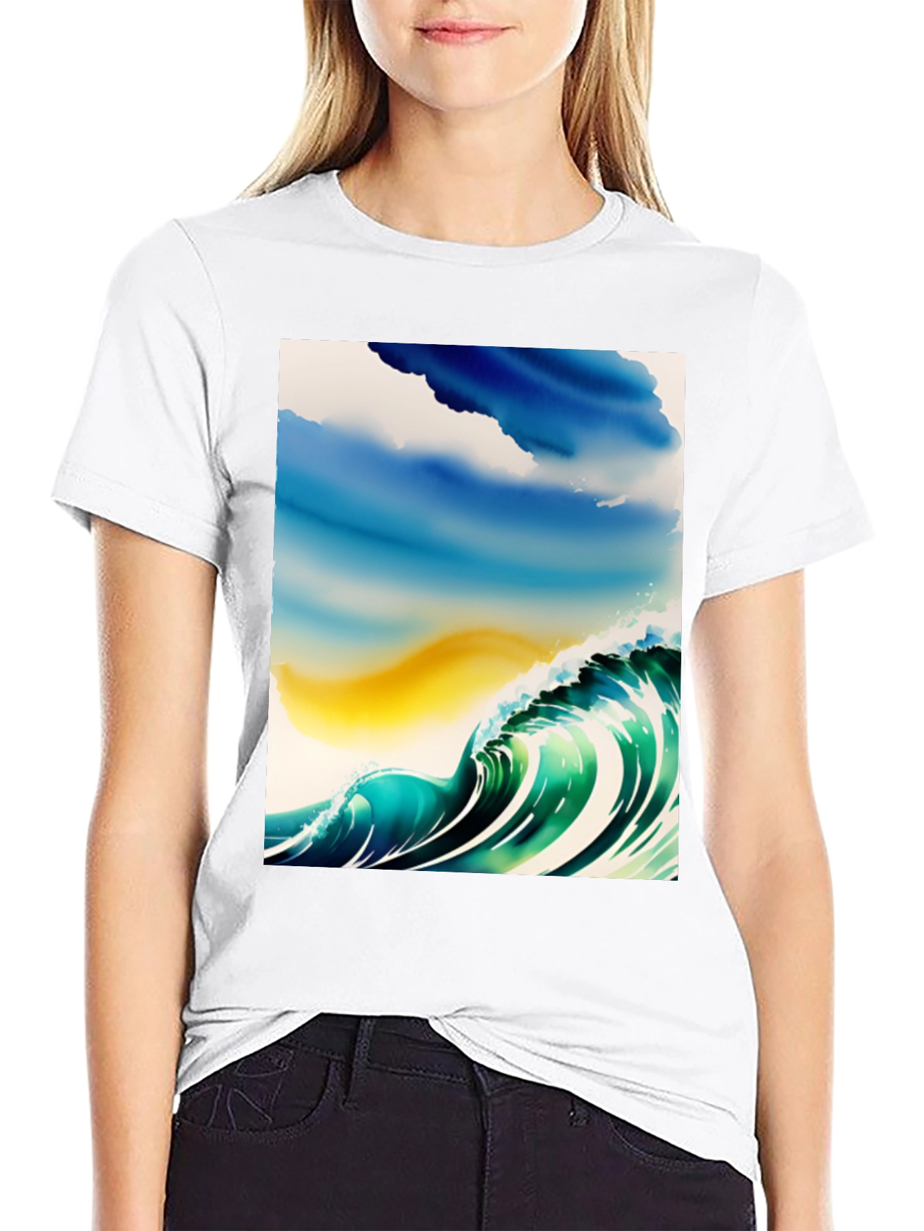 Black Wave Watercolor Graphic Tee - Black Cotton Casual view 9