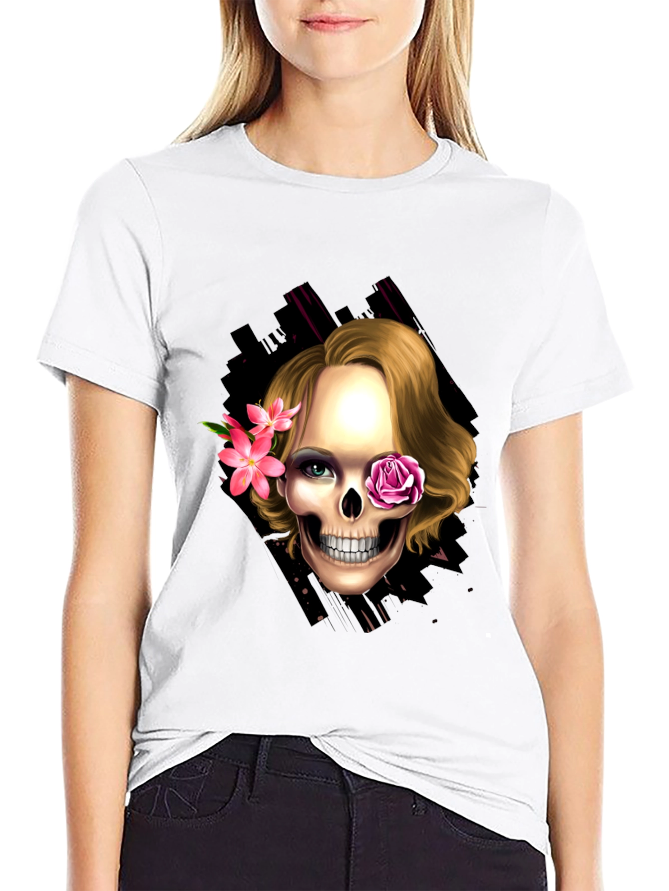 Black Skull & Flowers Graphic Tee - Trendy Halloween Style view 9