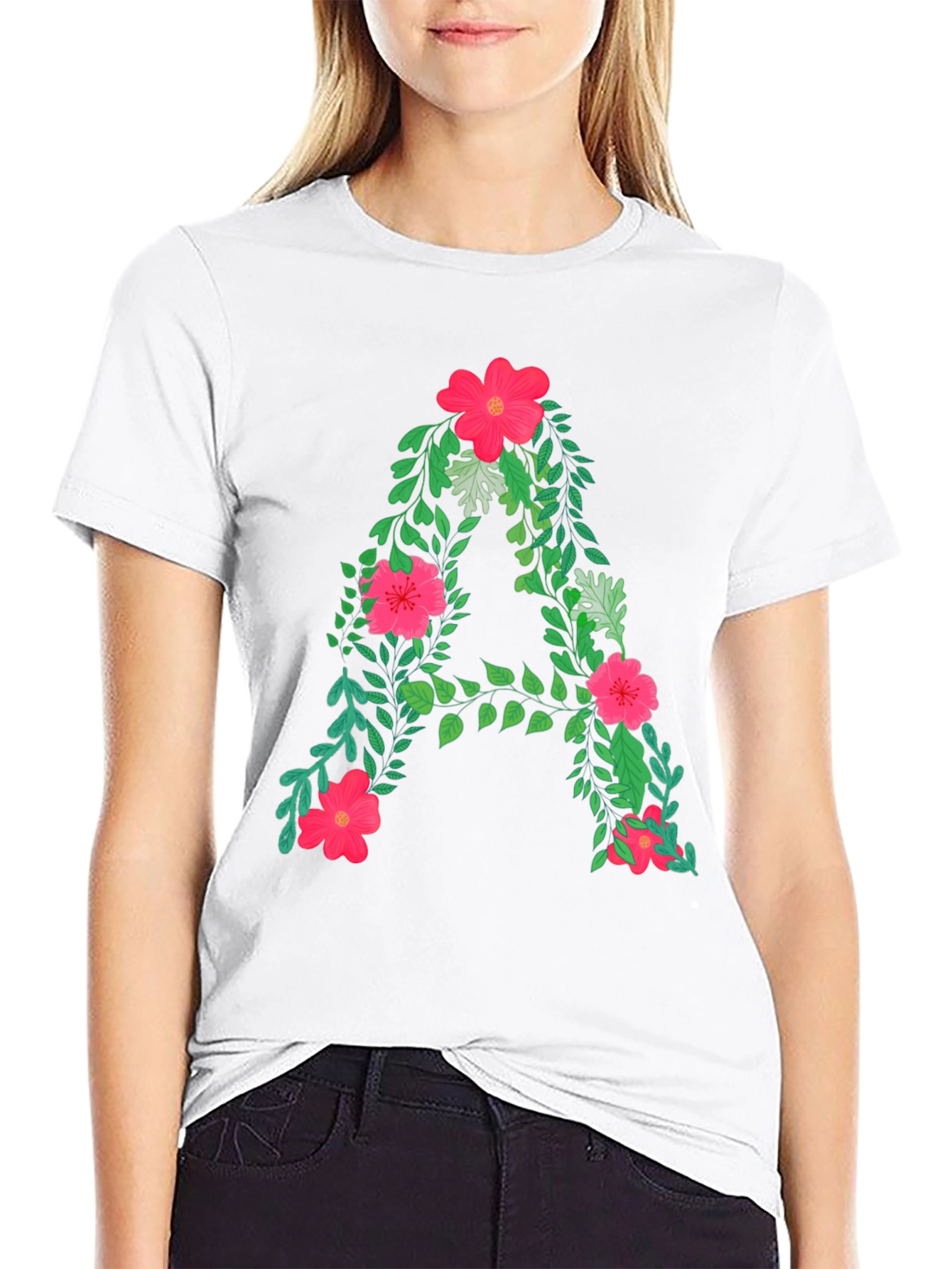 Black Floral Letter A Black T-Shirt view 9