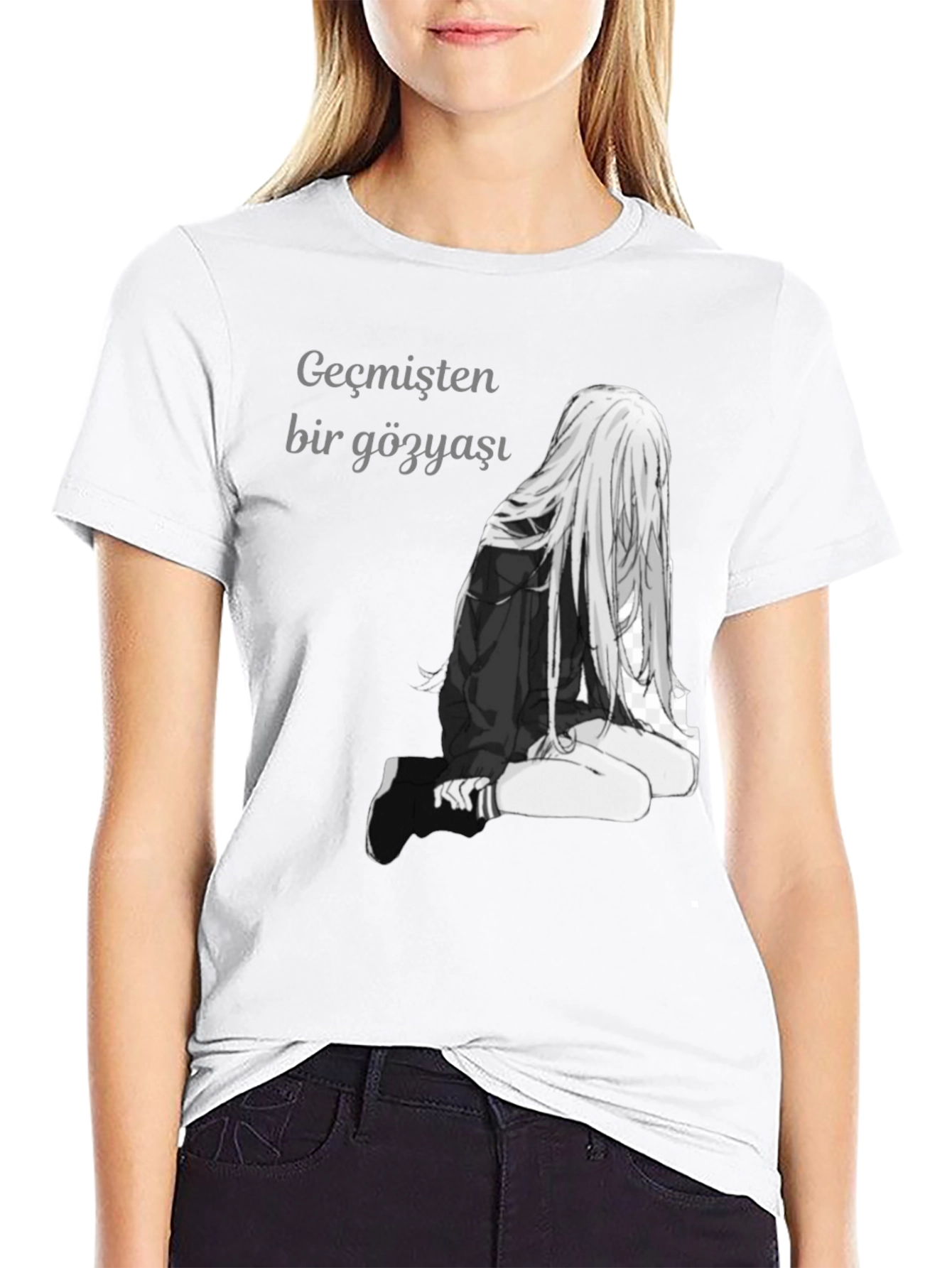 Black Anime Girl Graphic Print Black T-Shirt view 9