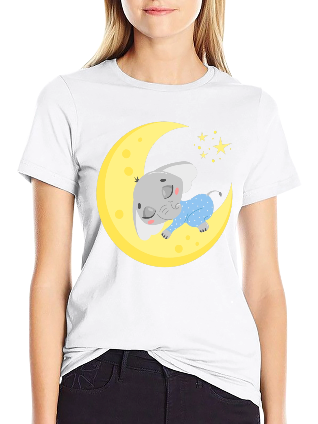 Black Cute Elephant On Moon Graphic Tee view 9