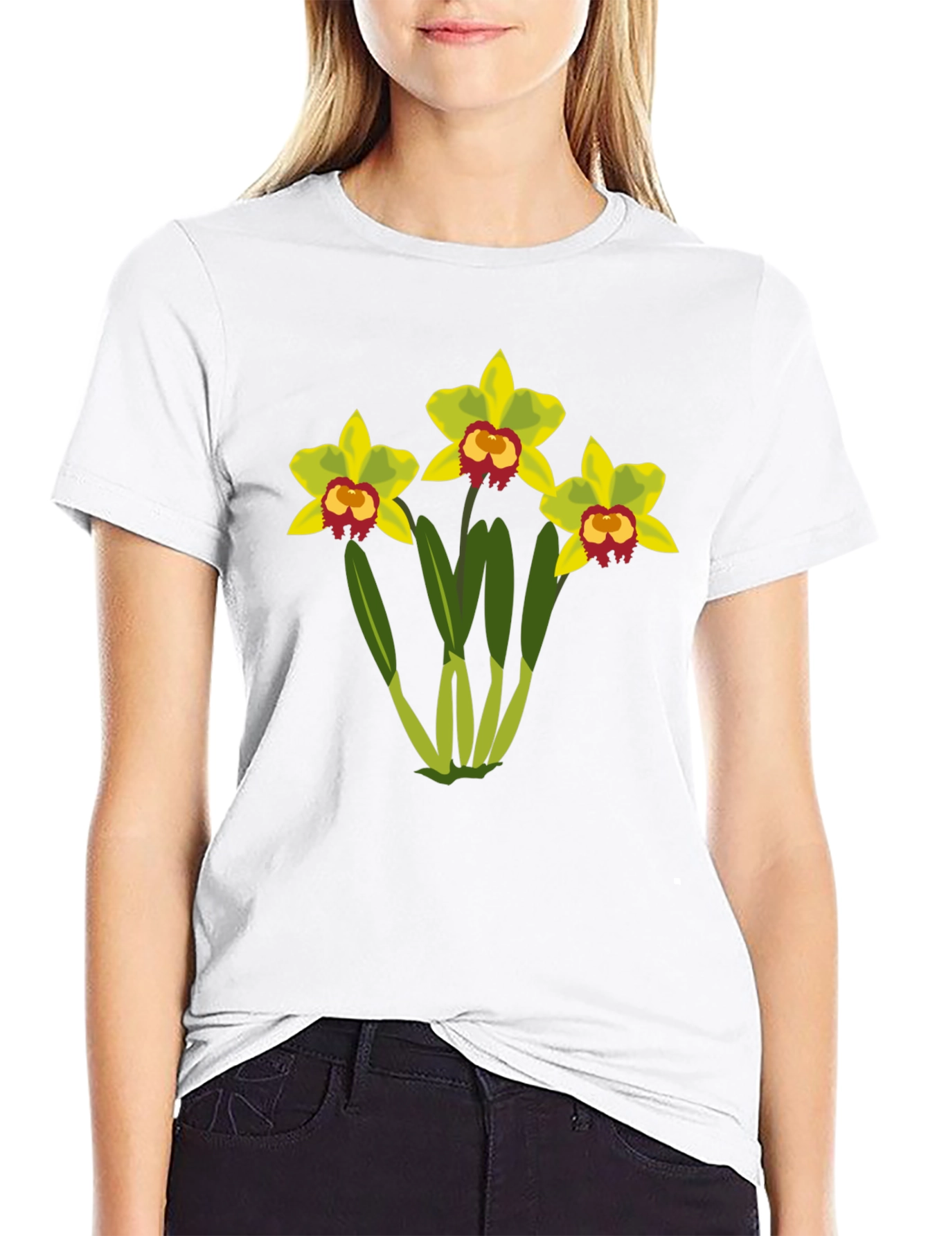 Black Floral Graphic T-Shirt - Black Cotton Tee with Orchid Design view 9