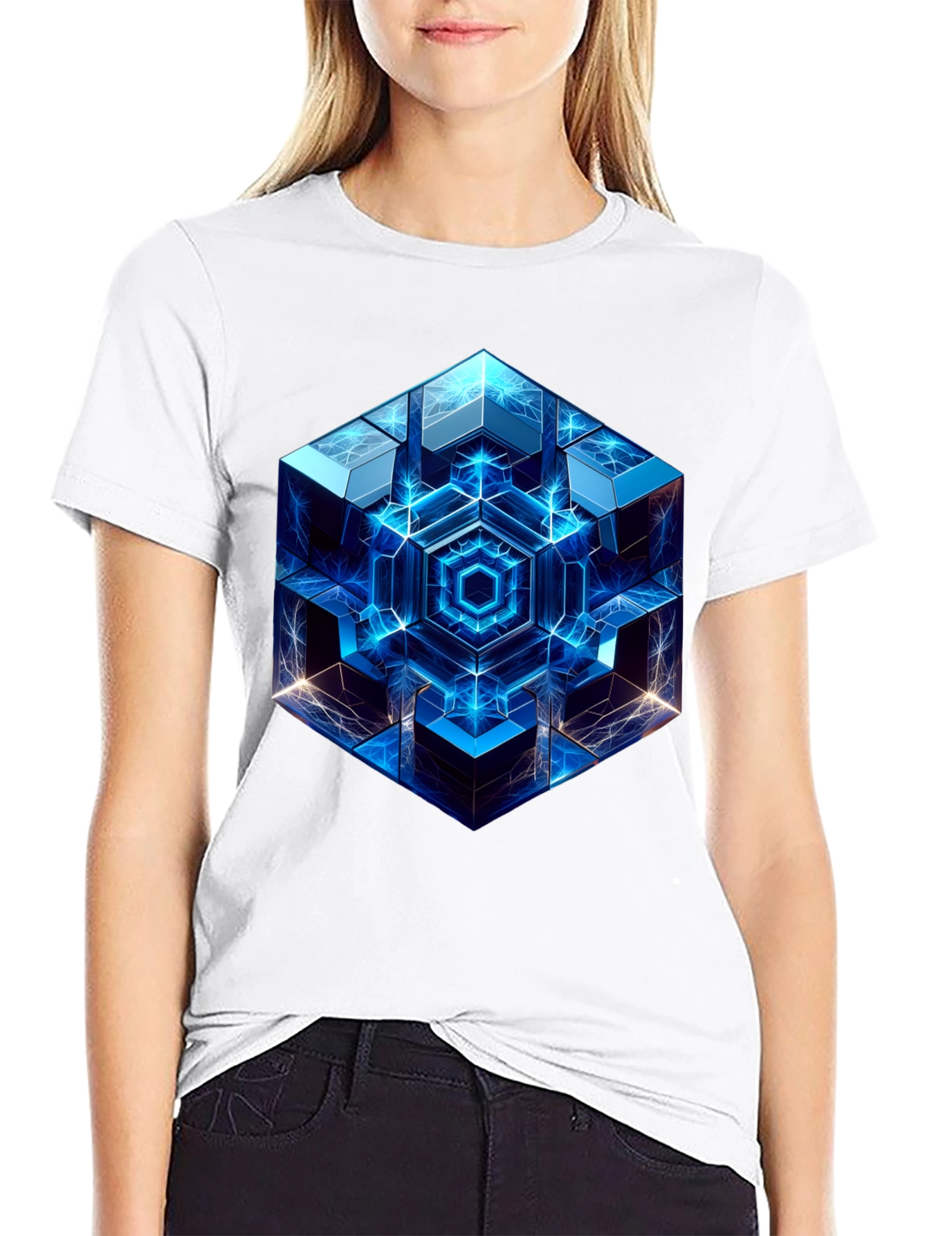 Black Geometric Cube Graphic Print Black T-Shirt view 9