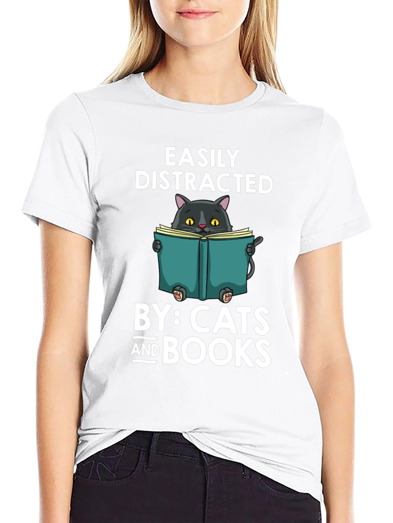 Black Easily Distracted By Cats and Books T-Shirt view 9