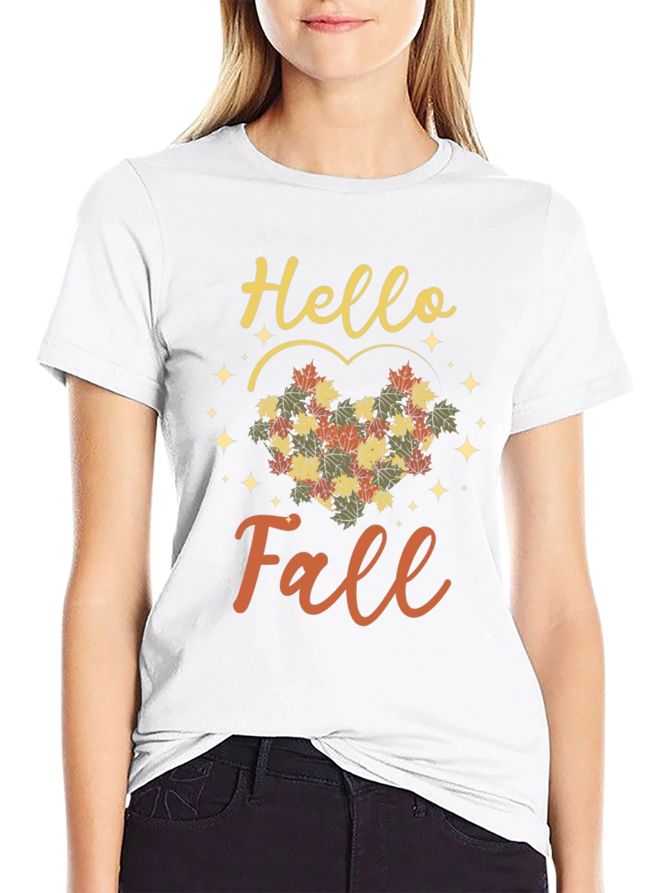 Black Hello Fall T-Shirt - Autumn Leaves Heart view 9
