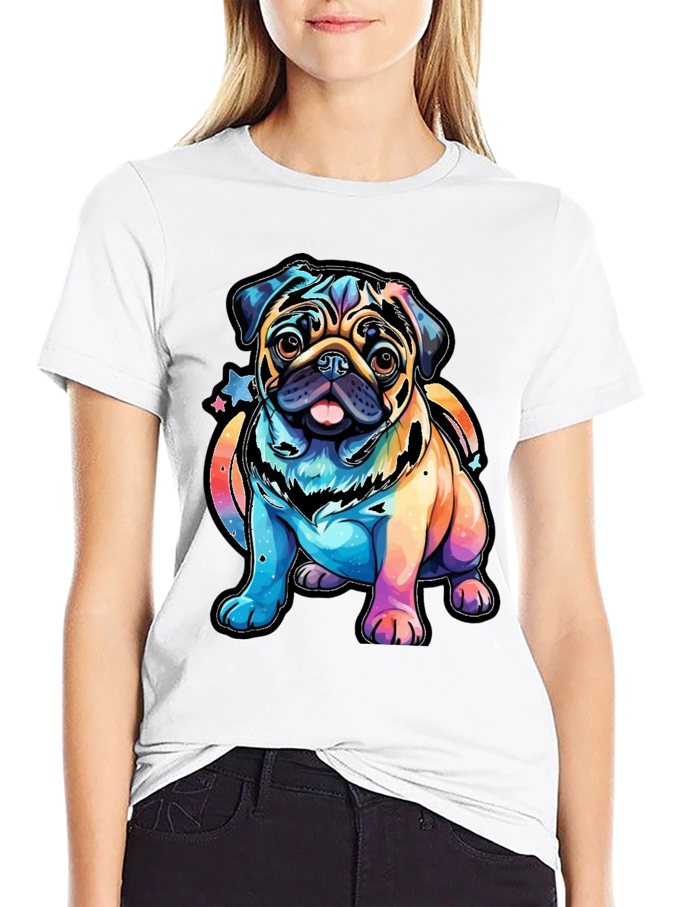 Black Colorful Pug Dog Graphic T-Shirt view 9