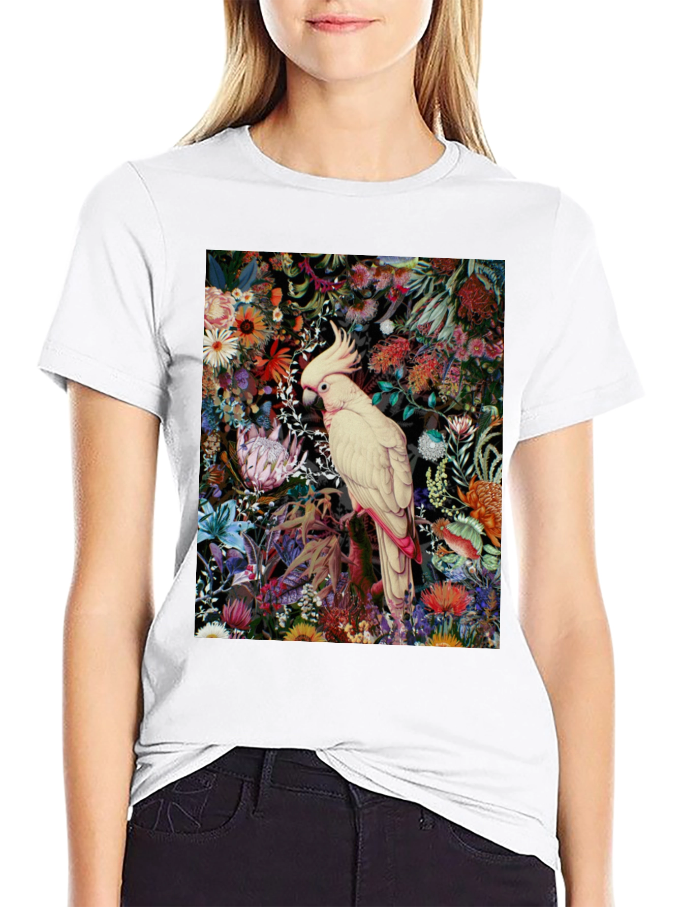 Black Floral Cockatoo Print Tee - Unique Graphic T-Shirt view 9