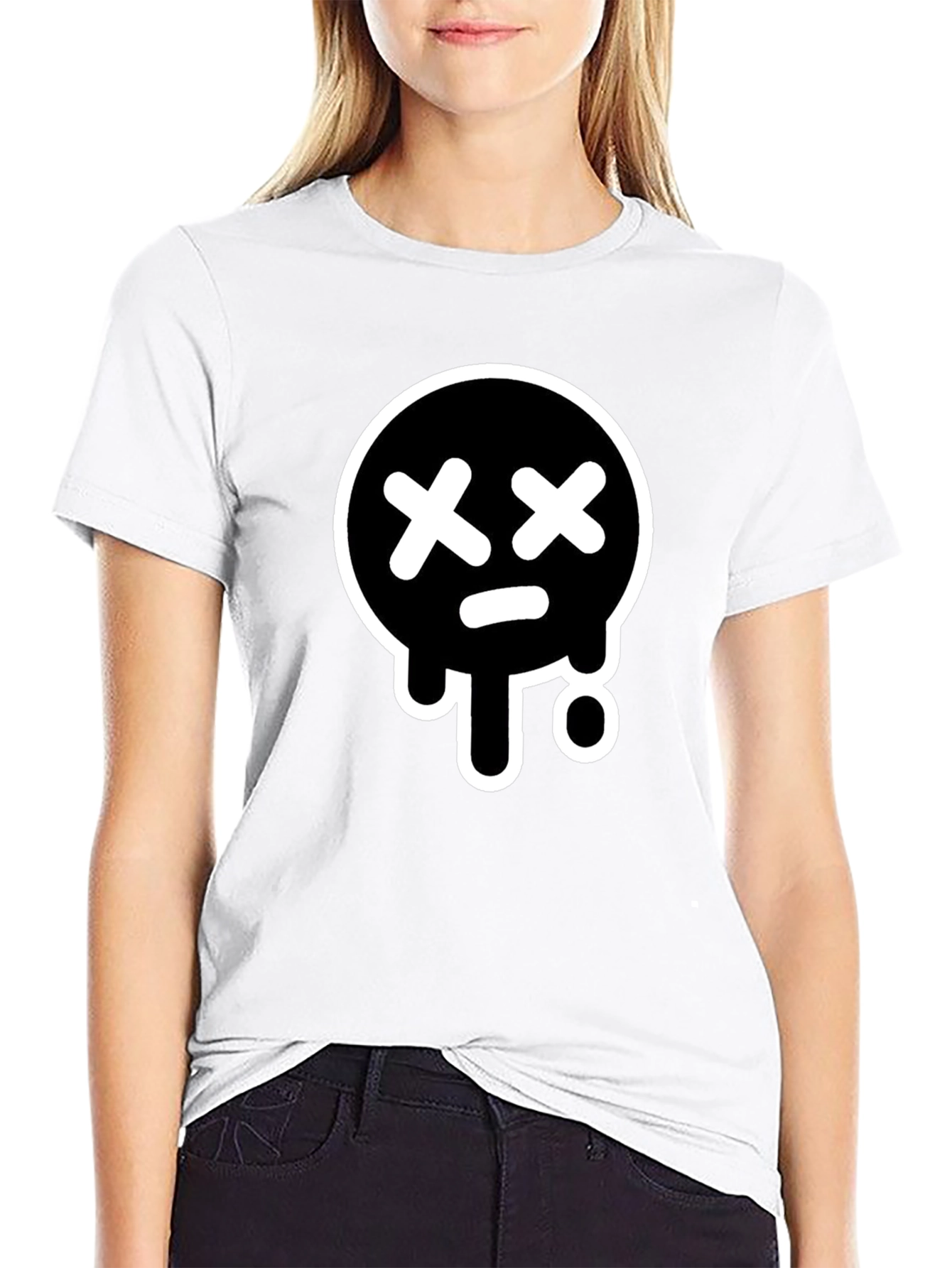 Black Black T-Shirt with White Drip Sad Face Design view 9