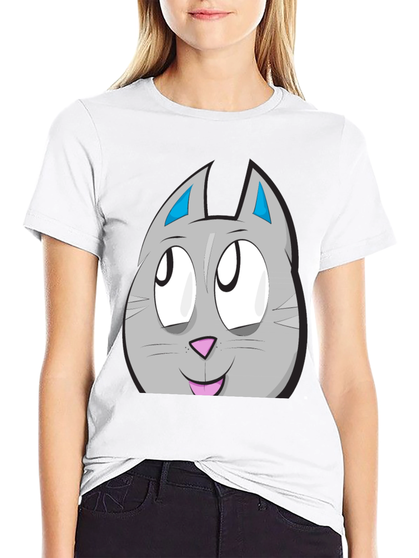 Black Cartoon Cat Face Graphic Tee - Unisex Black T-Shirt view 9