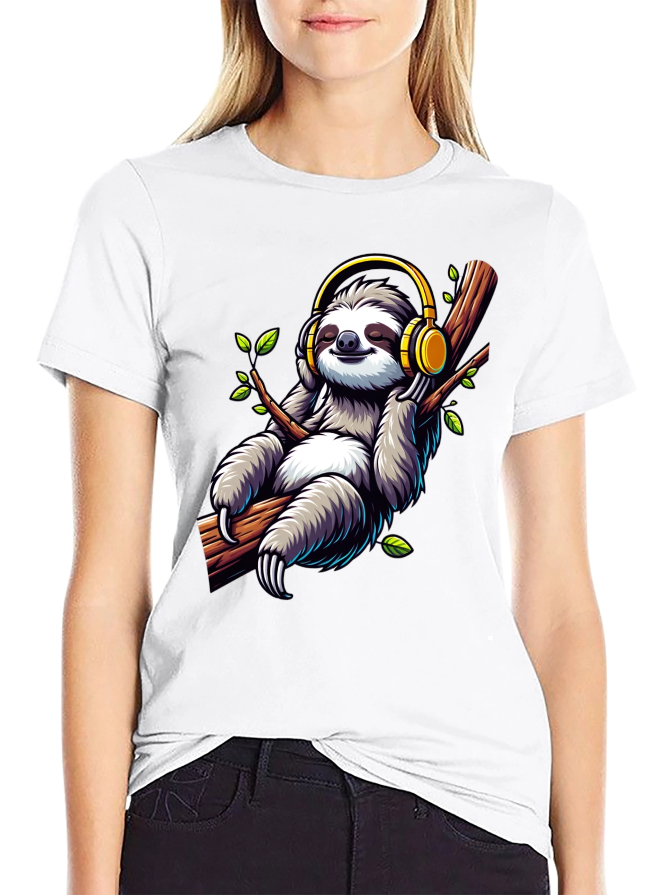 Black Sloth with Headphones Graphic T-Shirt view 9