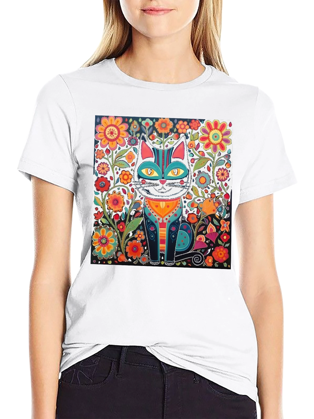 Black Floral Cat Graphic Tee - Unique Design view 9
