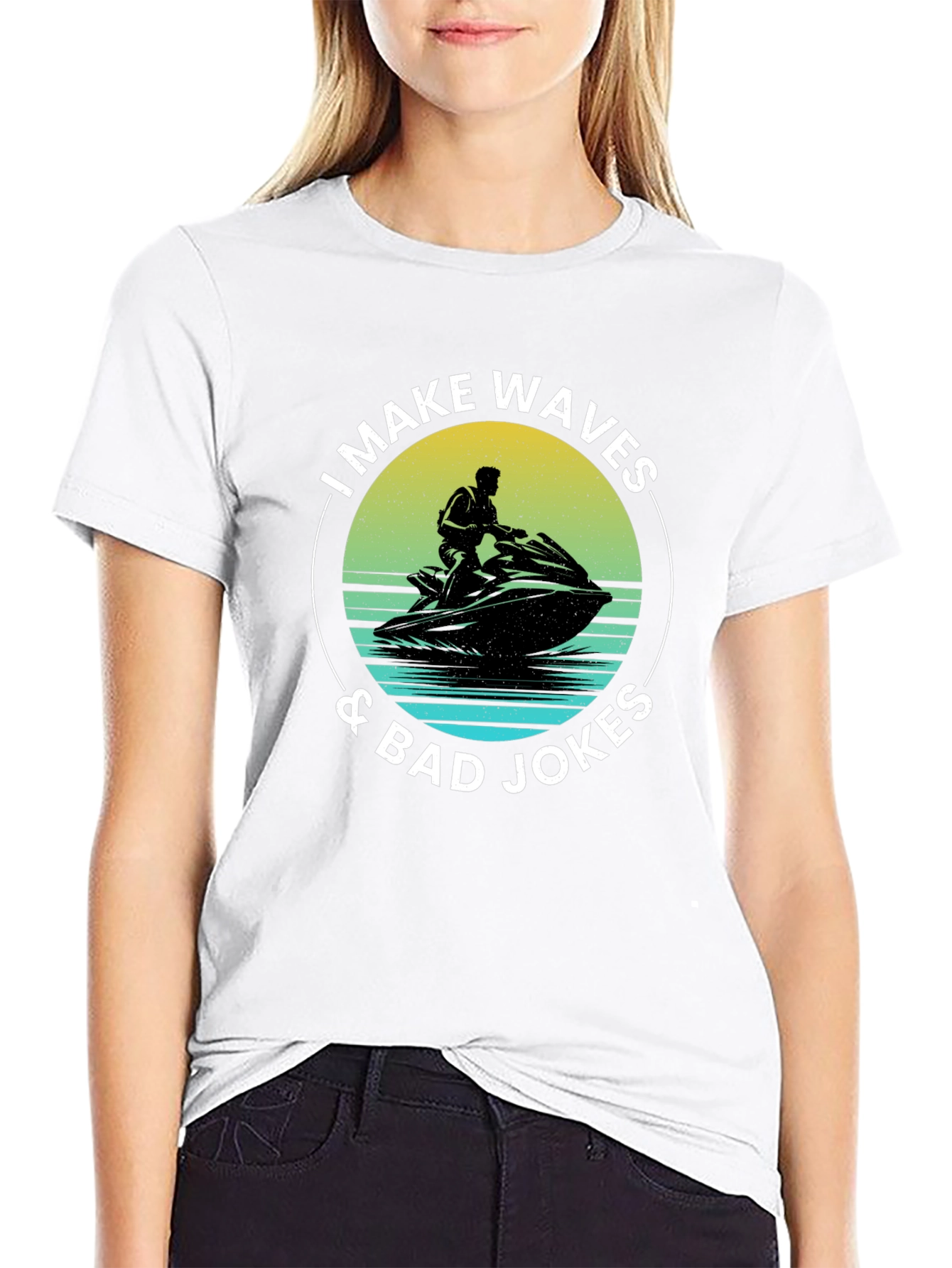 Black I Make Waves & Bad Jokes T-Shirt view 9