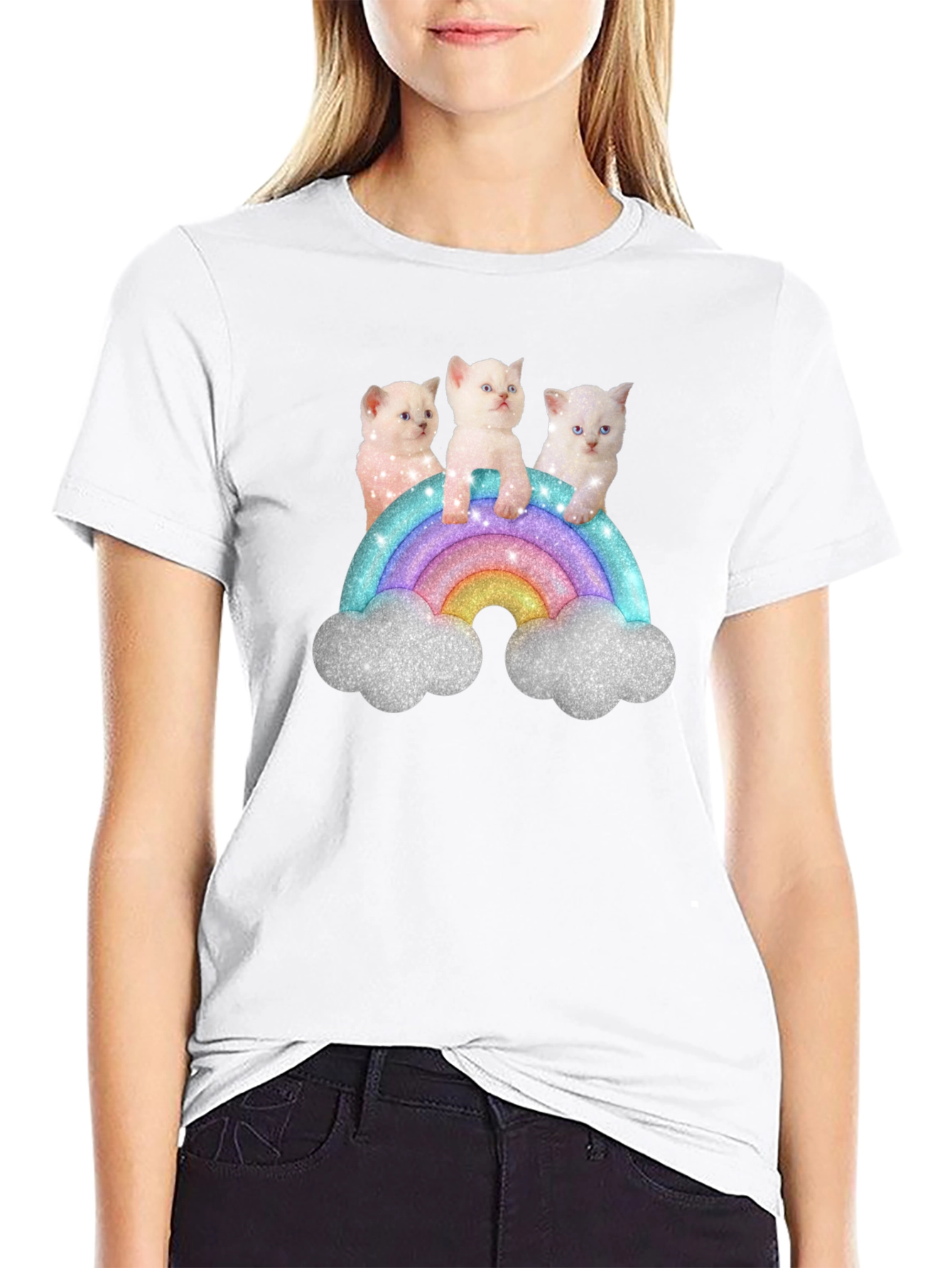 Black Cute Kitten Rainbow Graphic Tee - Black Unisex T-Shirt view 9