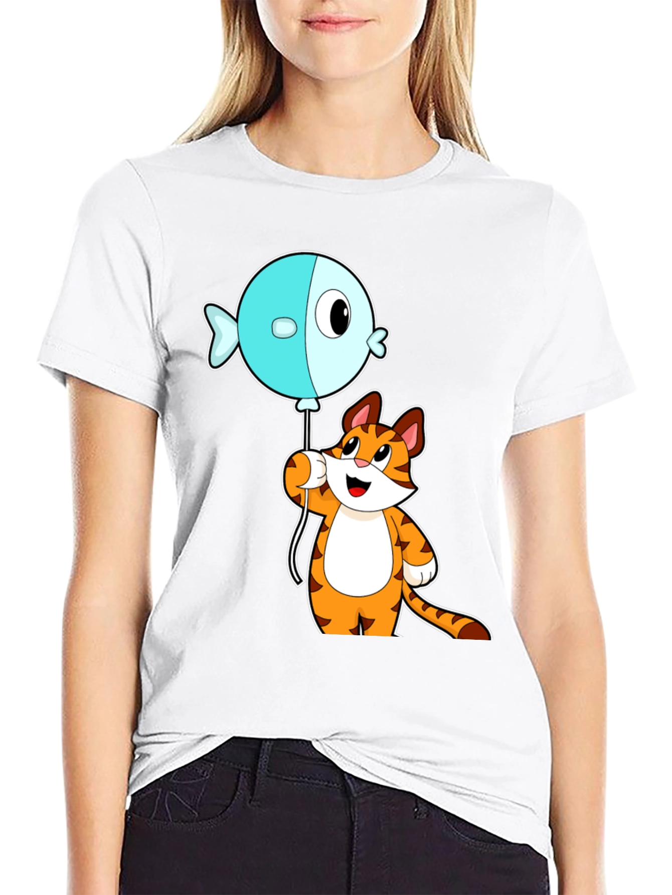 Black Cartoon Cat & Fish Balloon Graphic Tee view 9