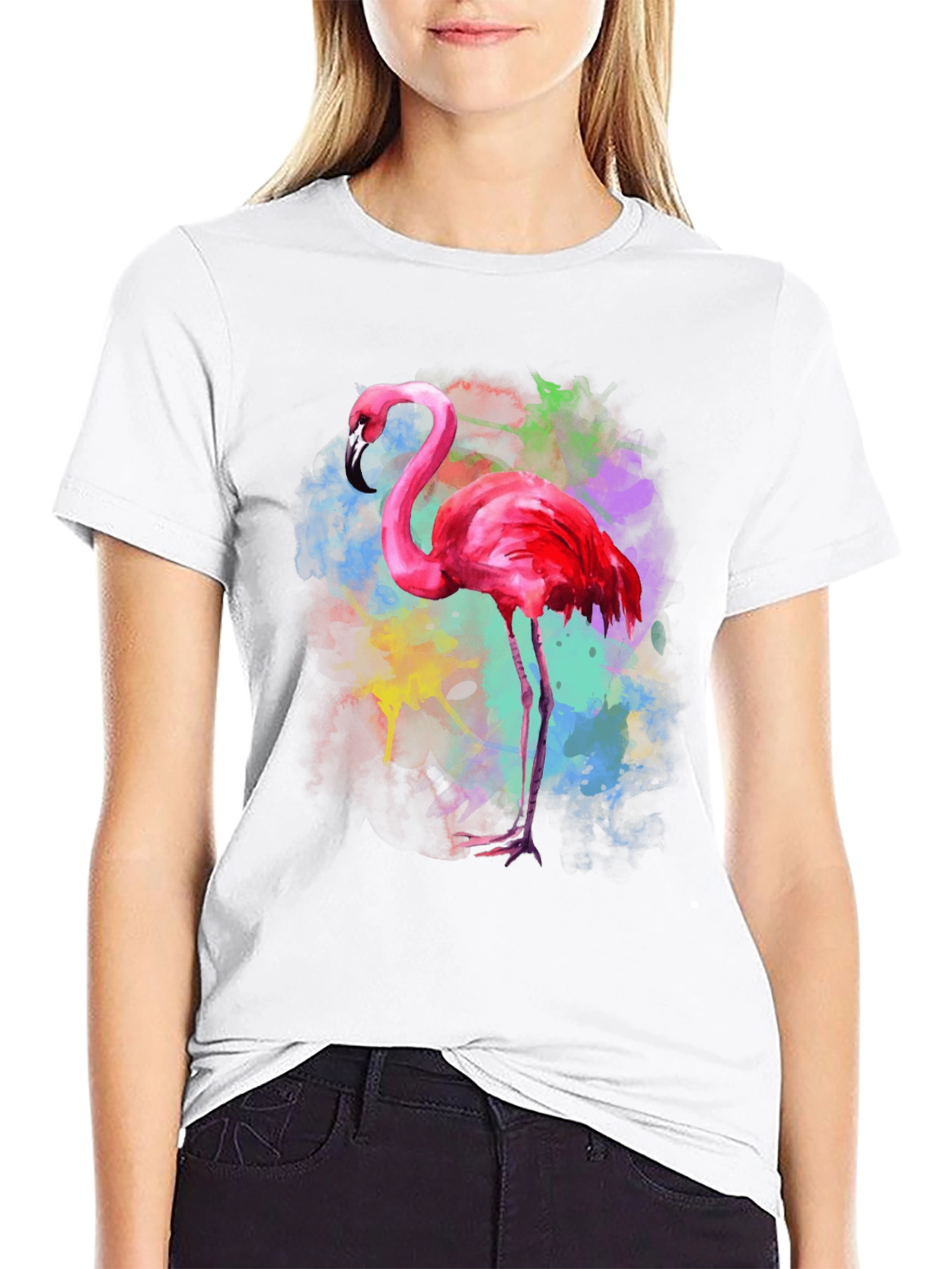 Black Flamingo Watercolor Graphic Tee - Black Cotton T-Shirt view 9