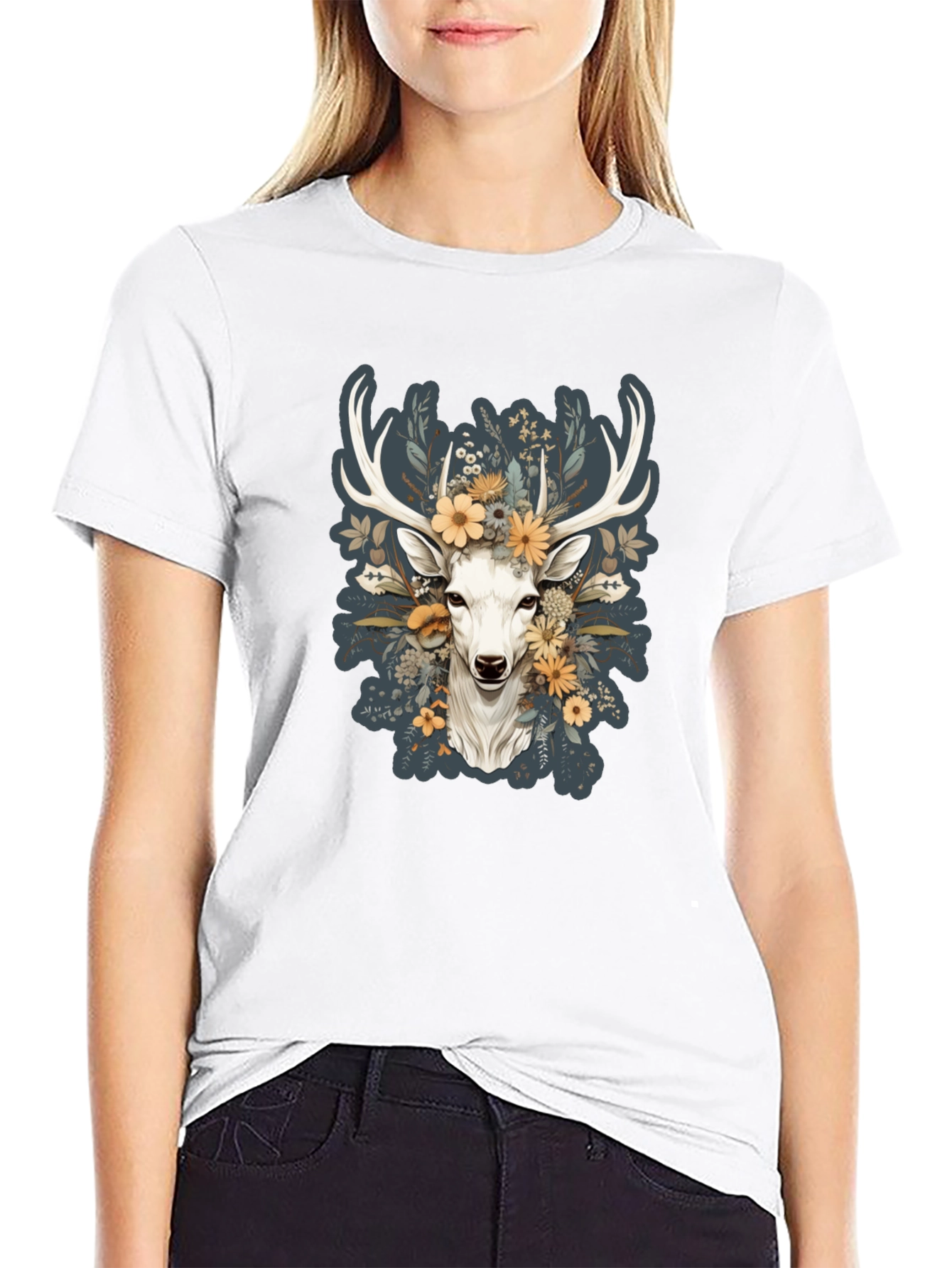 Black Floral Deer Graphic Tee - Nature Inspired Menswear view 9