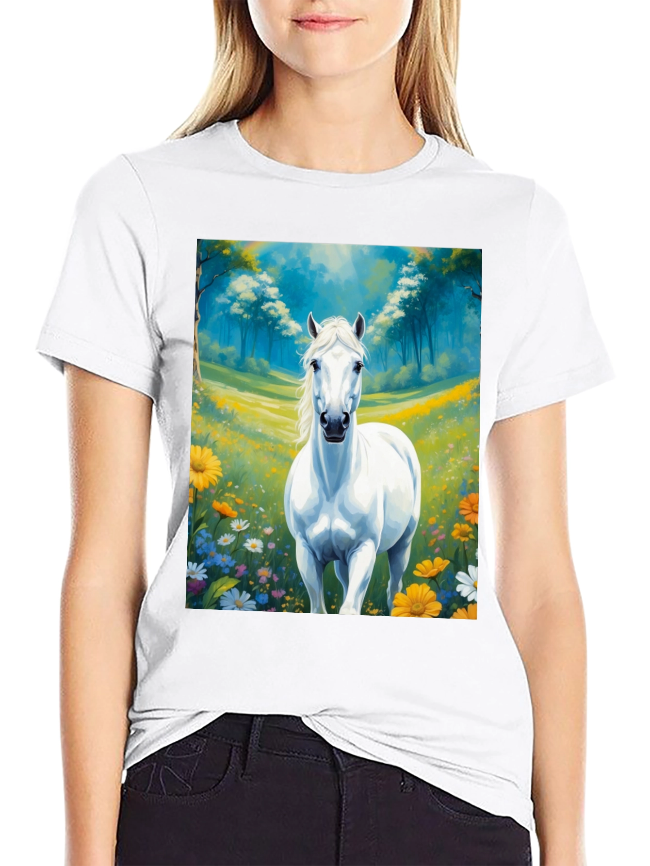 Black White Horse in Meadow Graphic Tee view 9