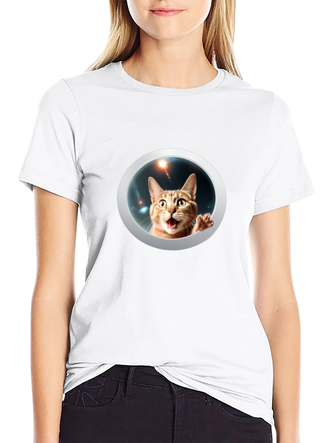 Black Funny Cat in Space Black T-Shirt view 9