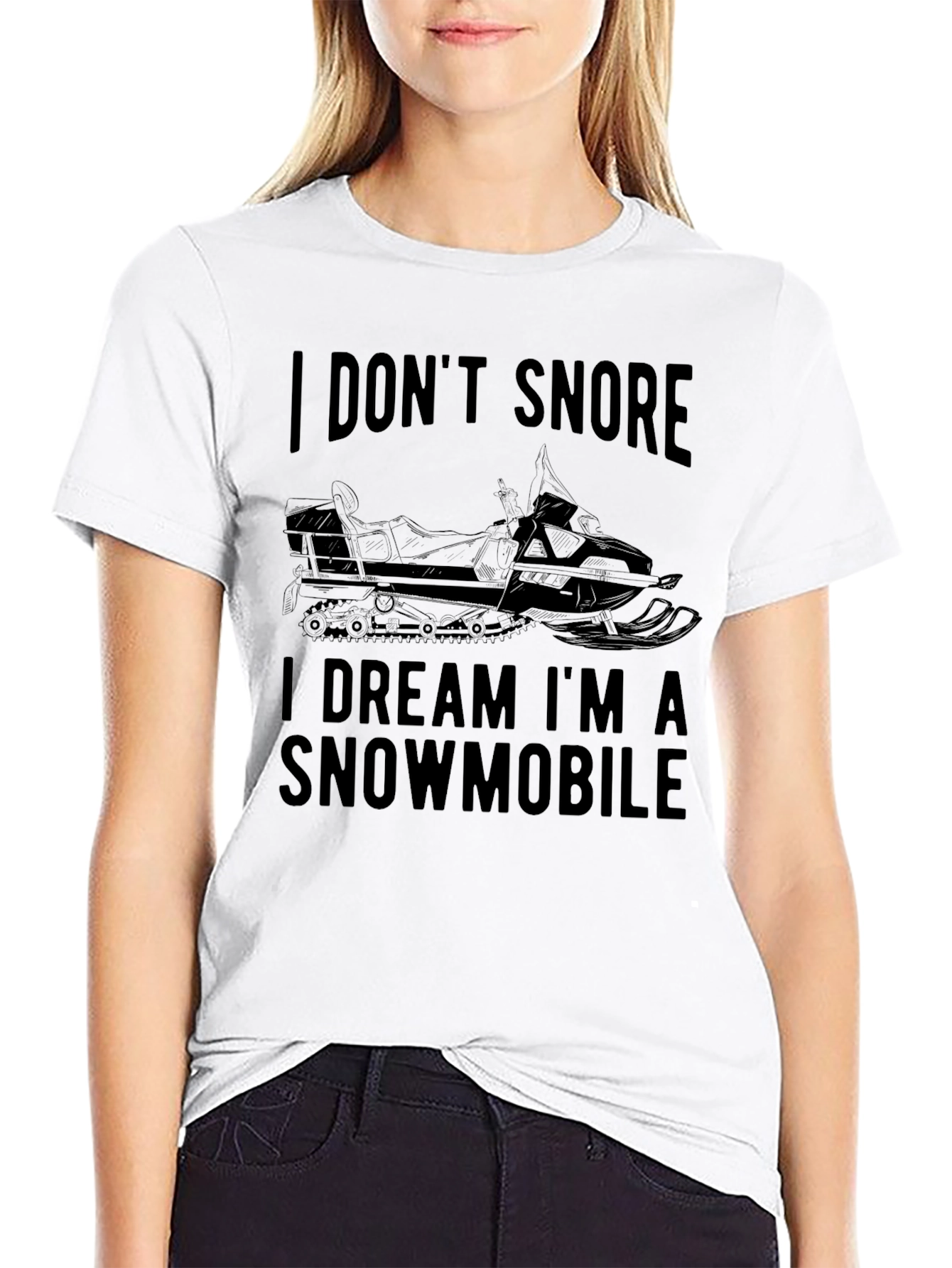 Black I Don't Snore, I Dream I'm a Snowmobile Black T-Shirt view 9