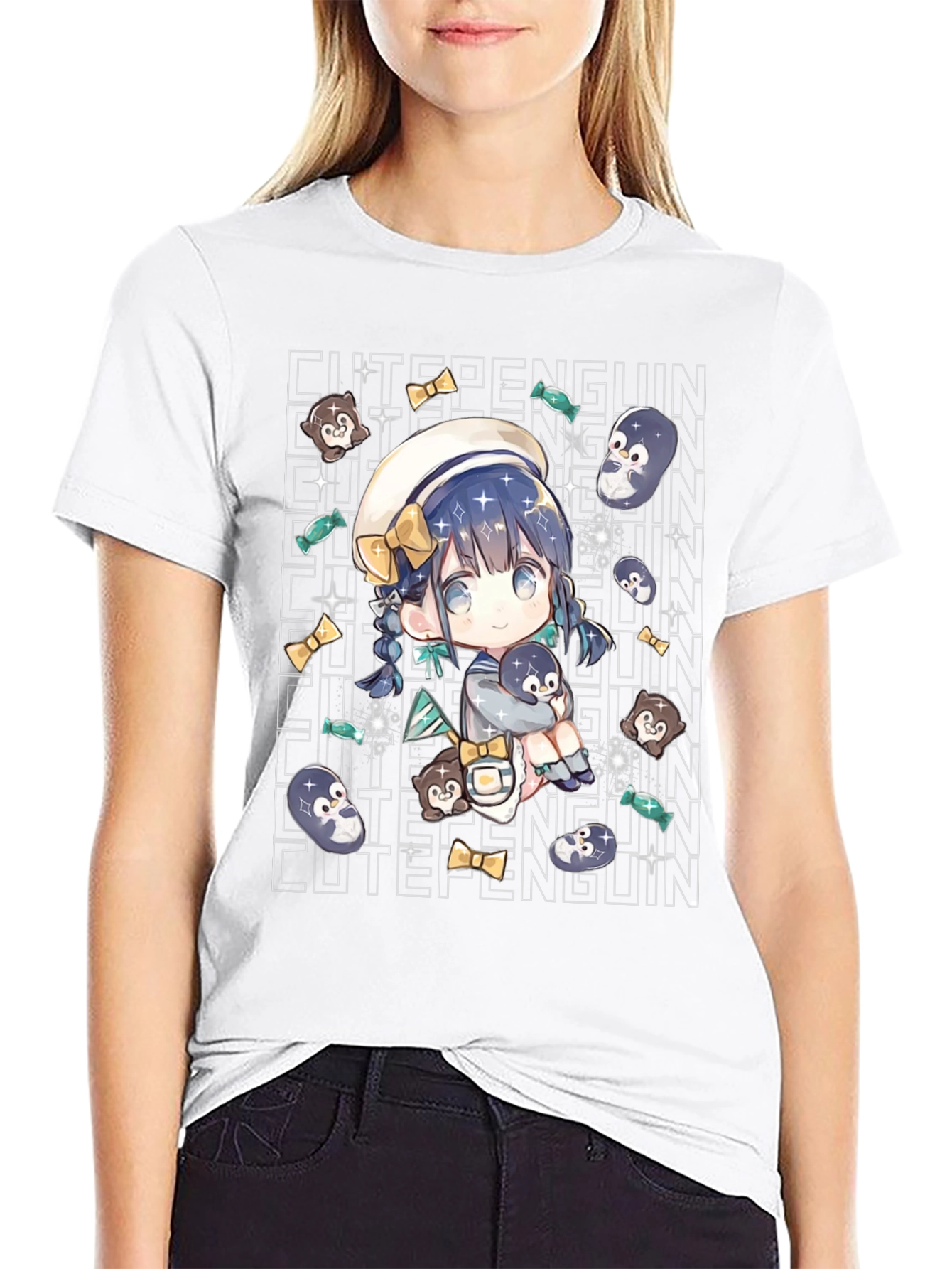 Black Anime Cute Penguin Black T-Shirt view 9