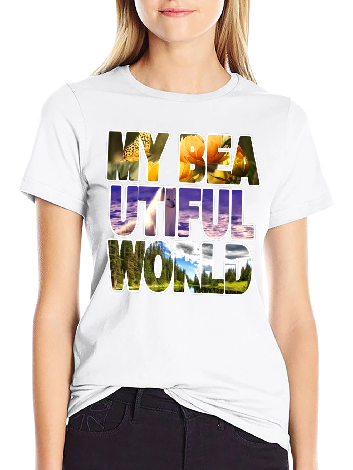 Black Nature Filled Graphic Tee - "My Beautiful World" T-Shirt view 9