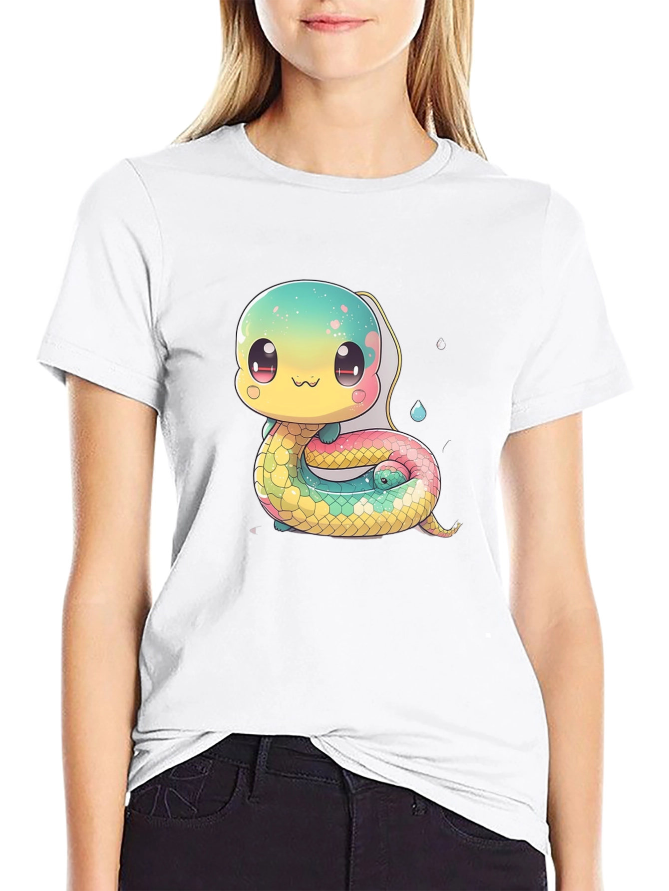 Black Cute Cartoon Snake Black T-Shirt view 9