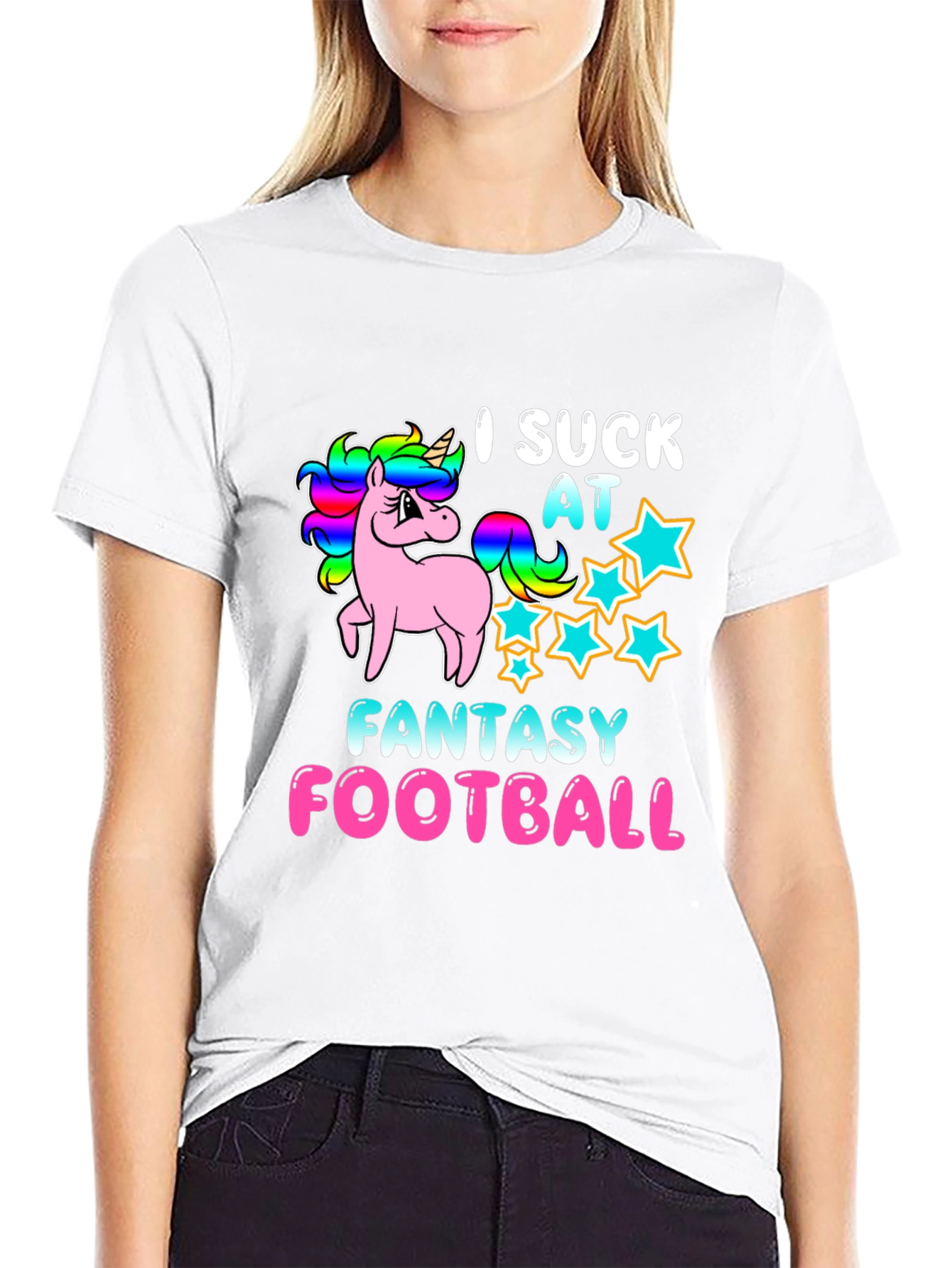 Black I Suck At Fantasy Football Unicorn T-Shirt view 9