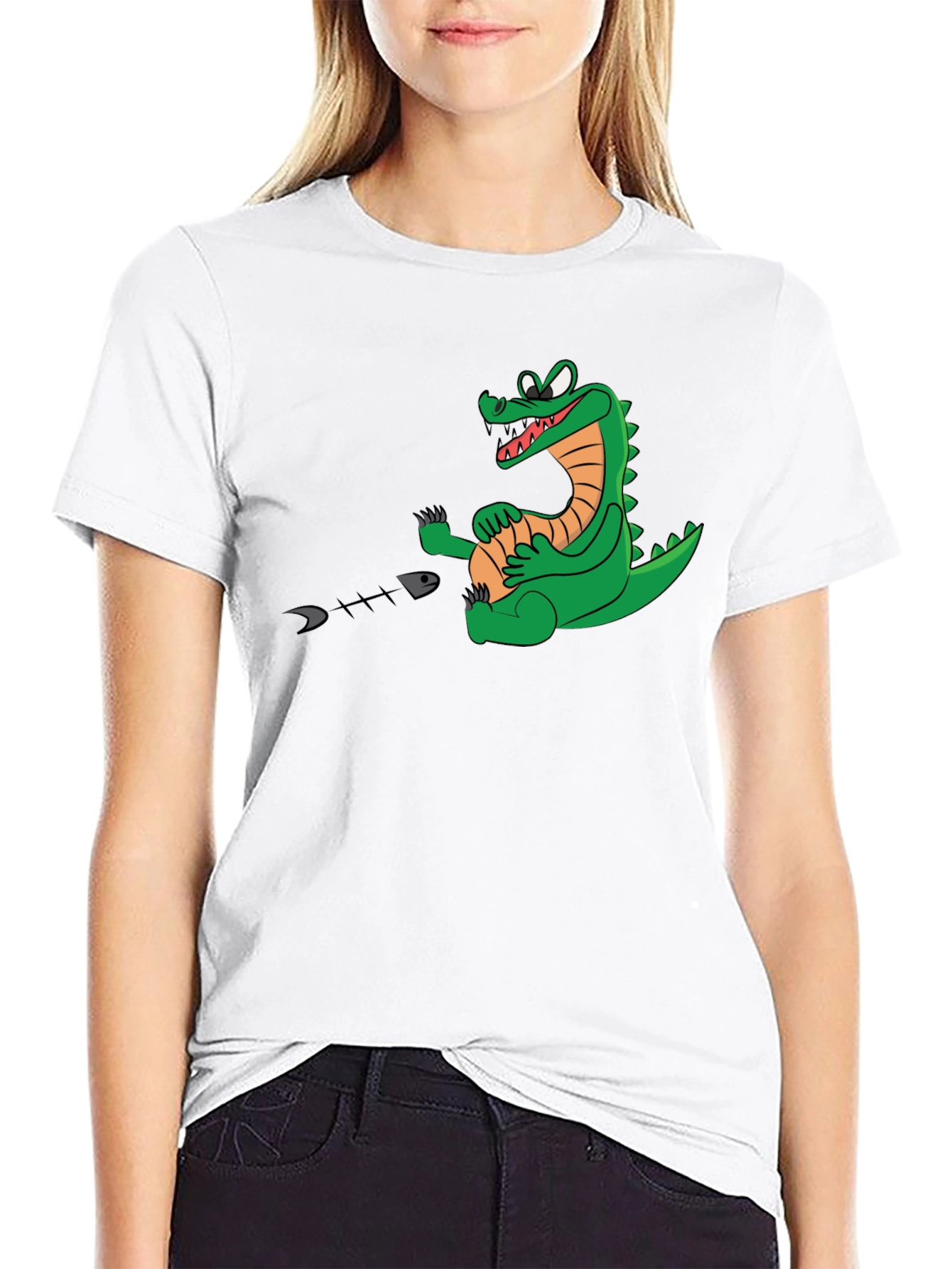 Black Alligator Eating Fish T-Shirt - Black Cotton Tee view 9